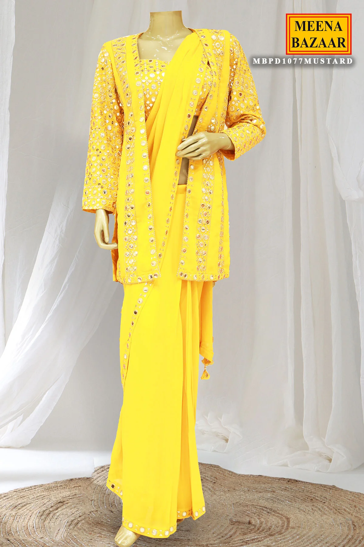 Mustard Georgette Mirror Work Pre Stitched Saree With Jacket - Image 4
