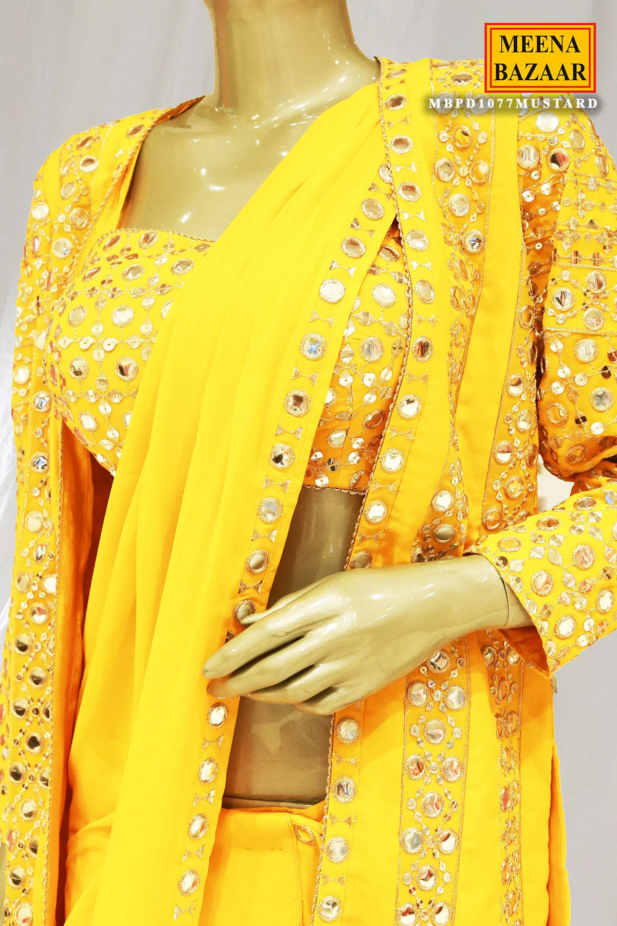 Mustard Georgette Mirror Work Pre Stitched Saree With Jacket - Image 5