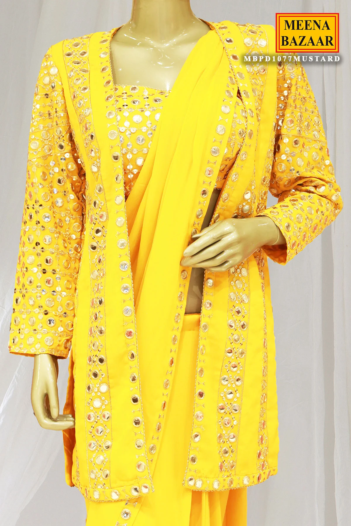 Mustard Georgette Mirror Work Pre Stitched Saree With Jacket - Image 6