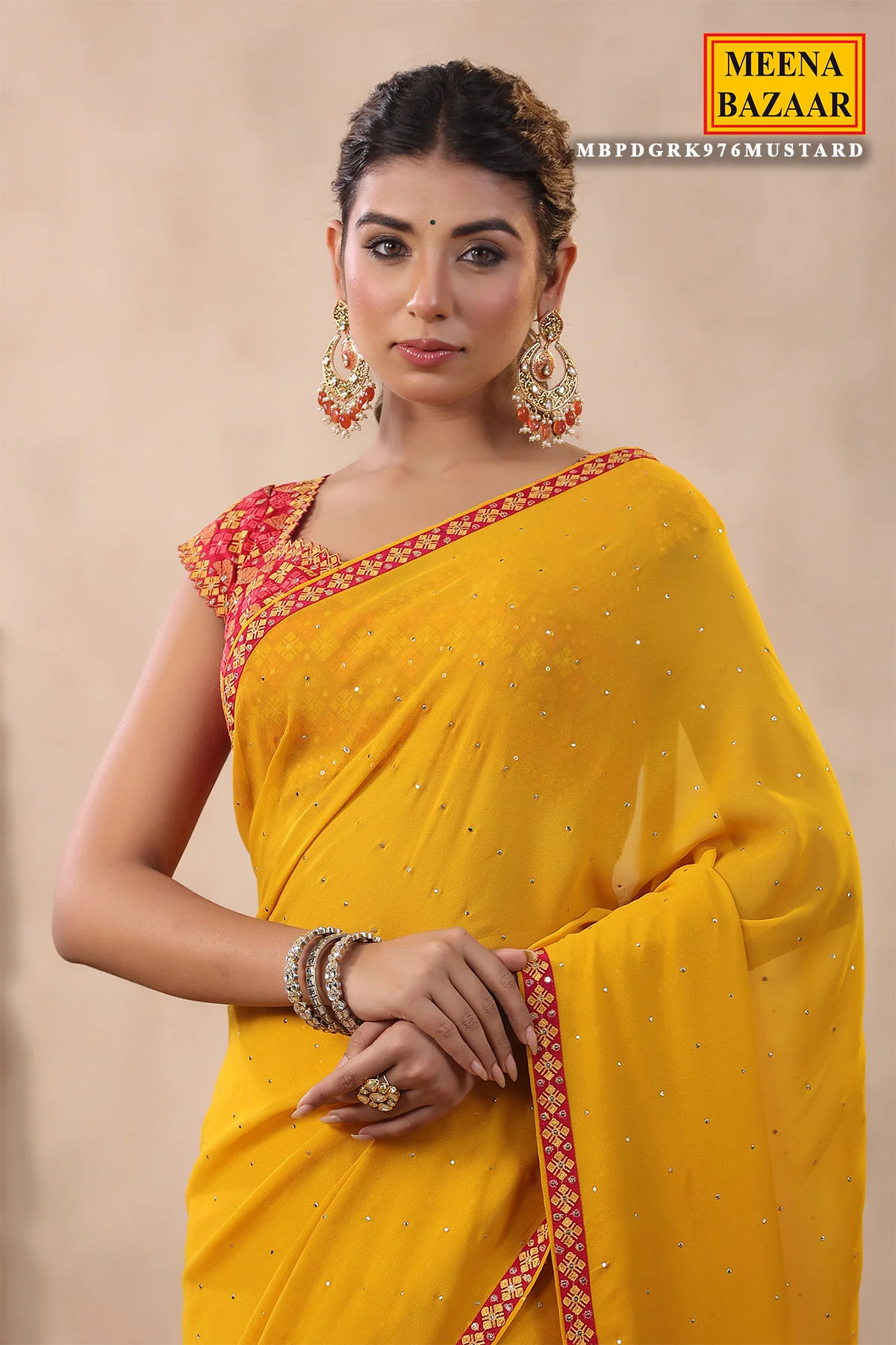 Mustard Georgette Mukaish Embroidered Saree with Readymade Blouse - Image 3