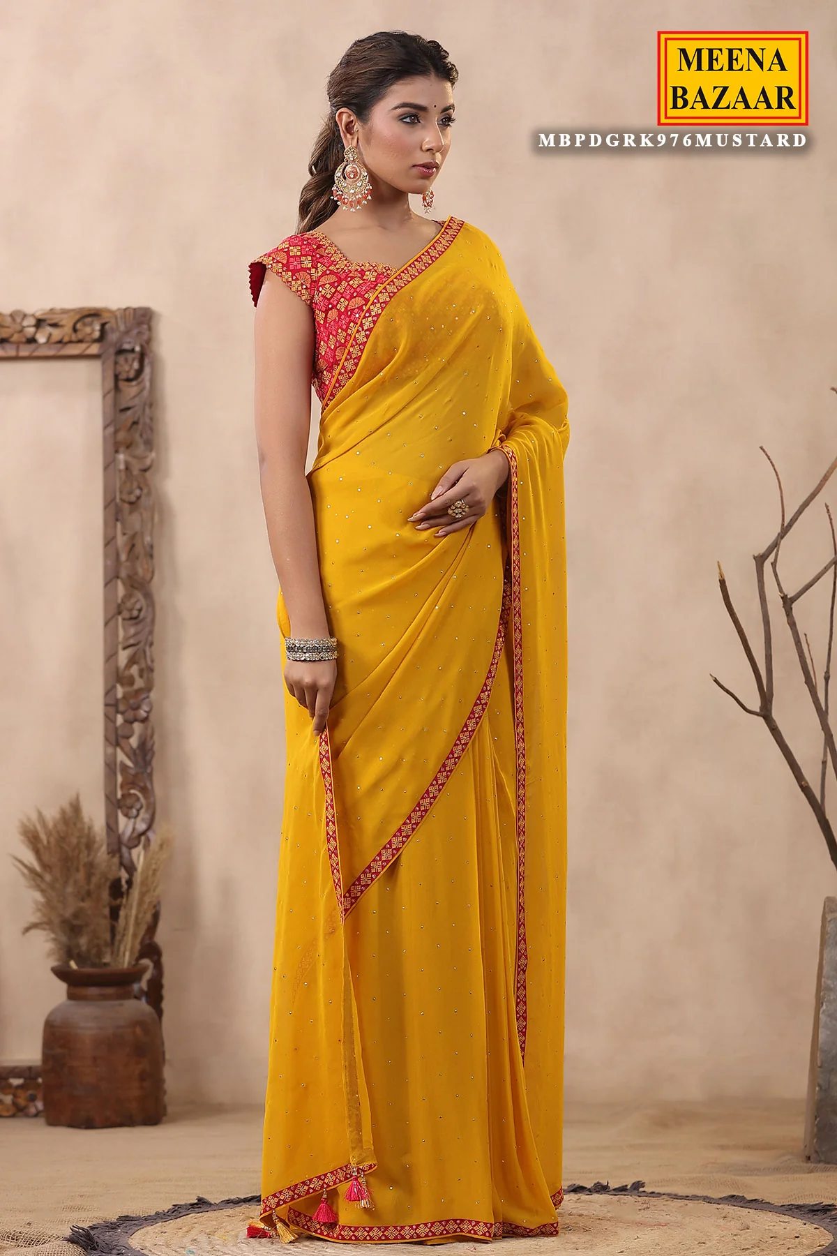 Mustard Georgette Mukaish Embroidered Saree with Readymade Blouse - Image 4