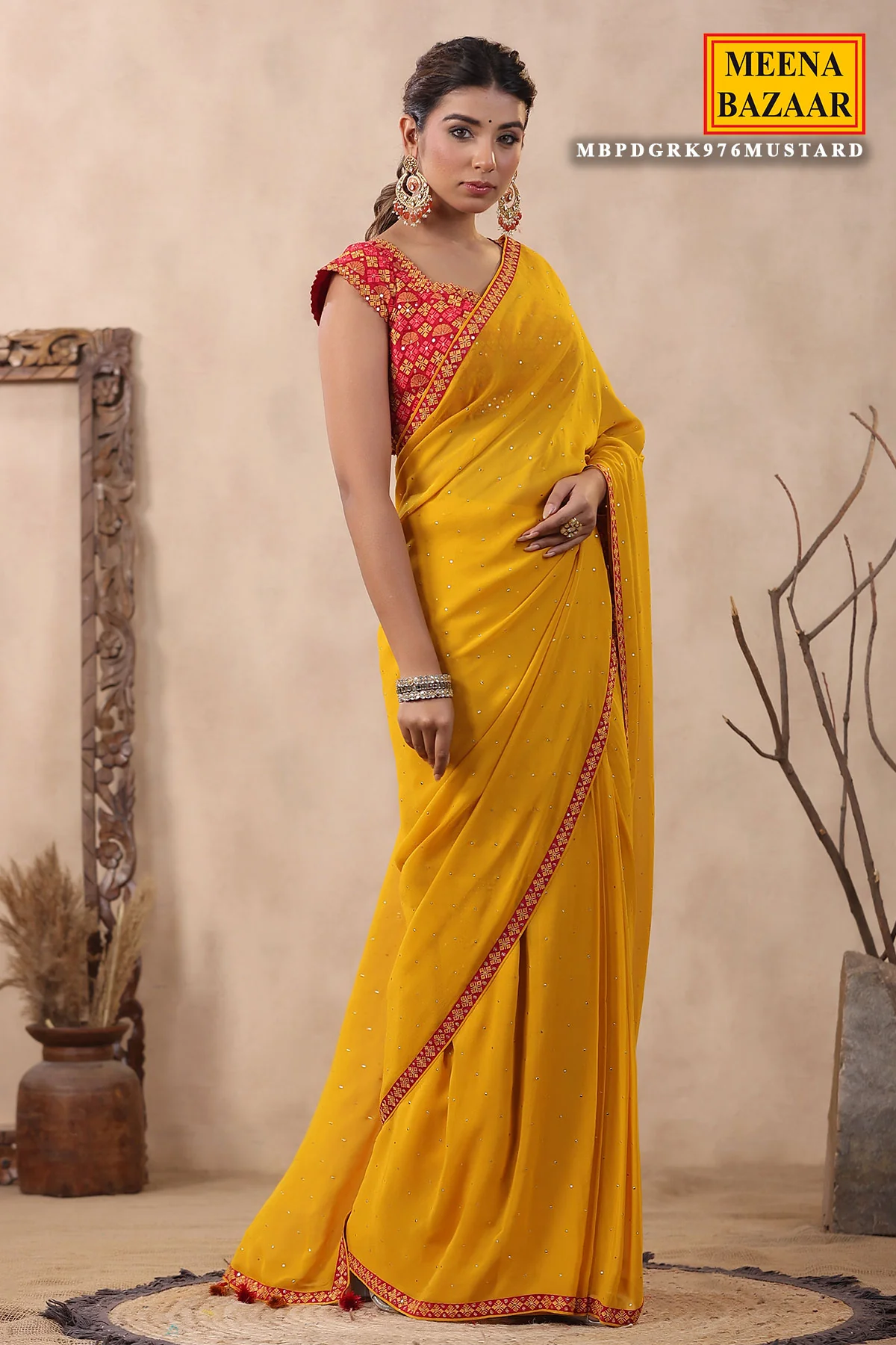 Mustard Georgette Mukaish Embroidered Saree with Readymade Blouse - Image 5