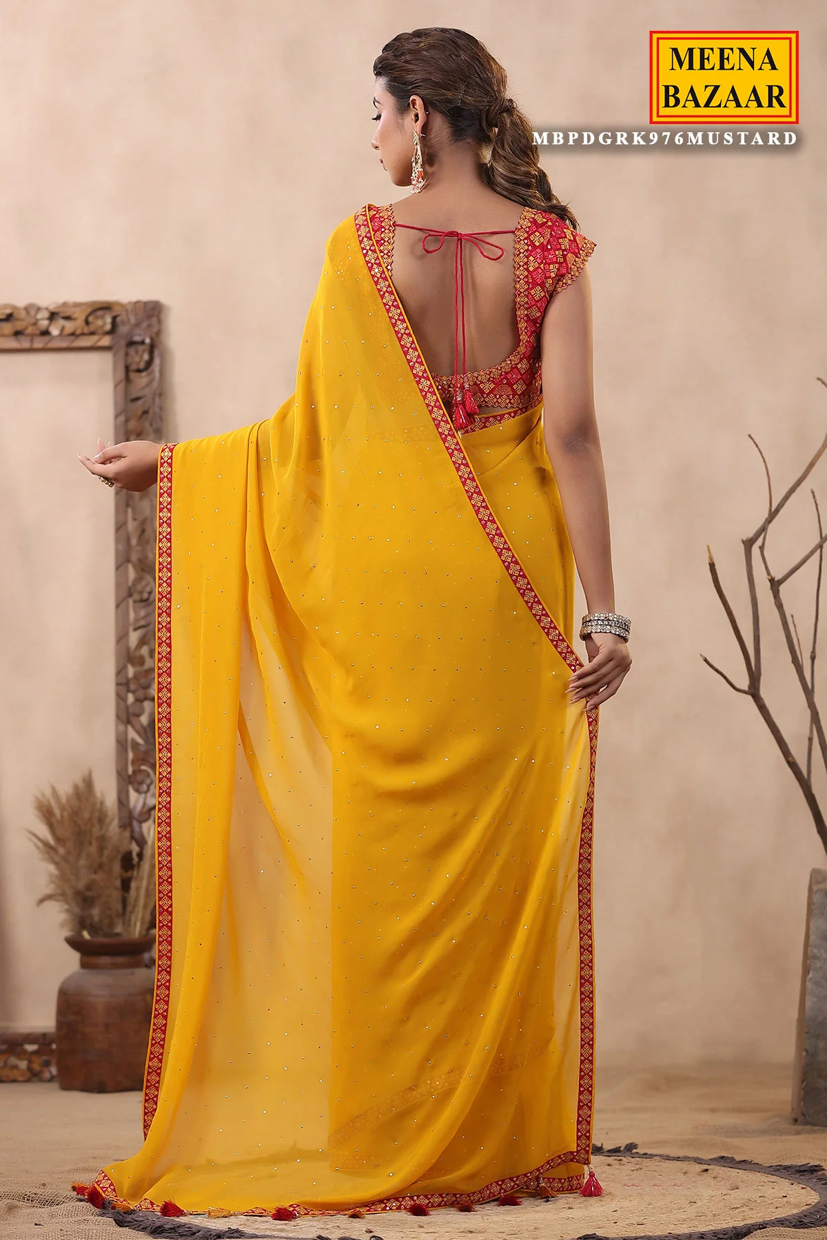 Mustard Georgette Mukaish Embroidered Saree with Readymade Blouse - Image 6