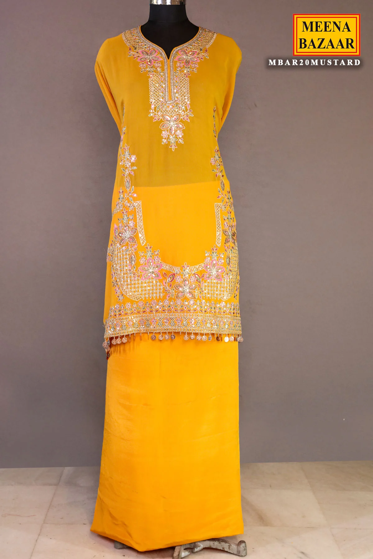 Mustard Georgette Neck Zari,Sequin Embroidered Sharara Suit Set - Image 10