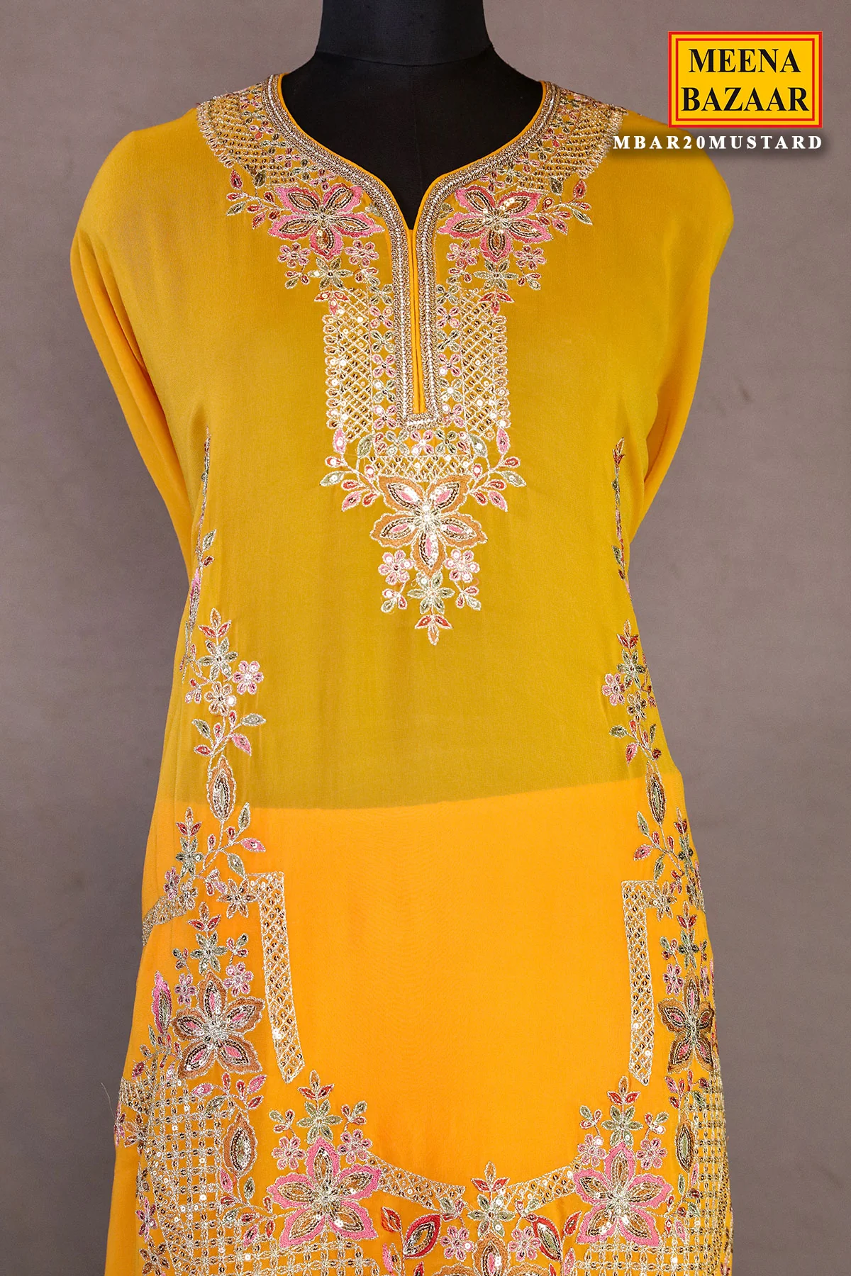 Mustard Georgette Neck Zari,Sequin Embroidered Sharara Suit Set - Image 11