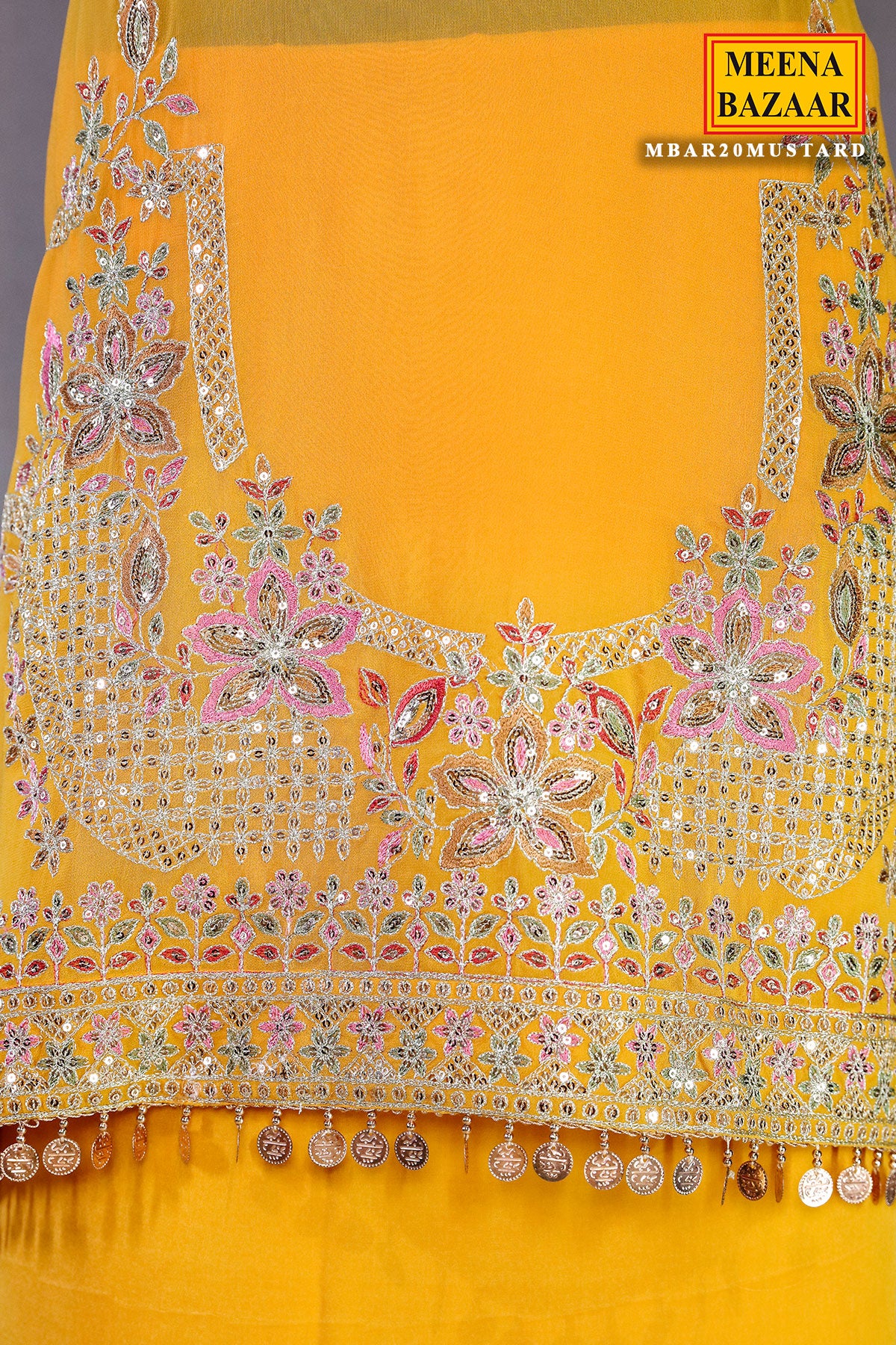 Mustard Georgette Neck Zari,Sequin Embroidered Sharara Suit Set - Image 12