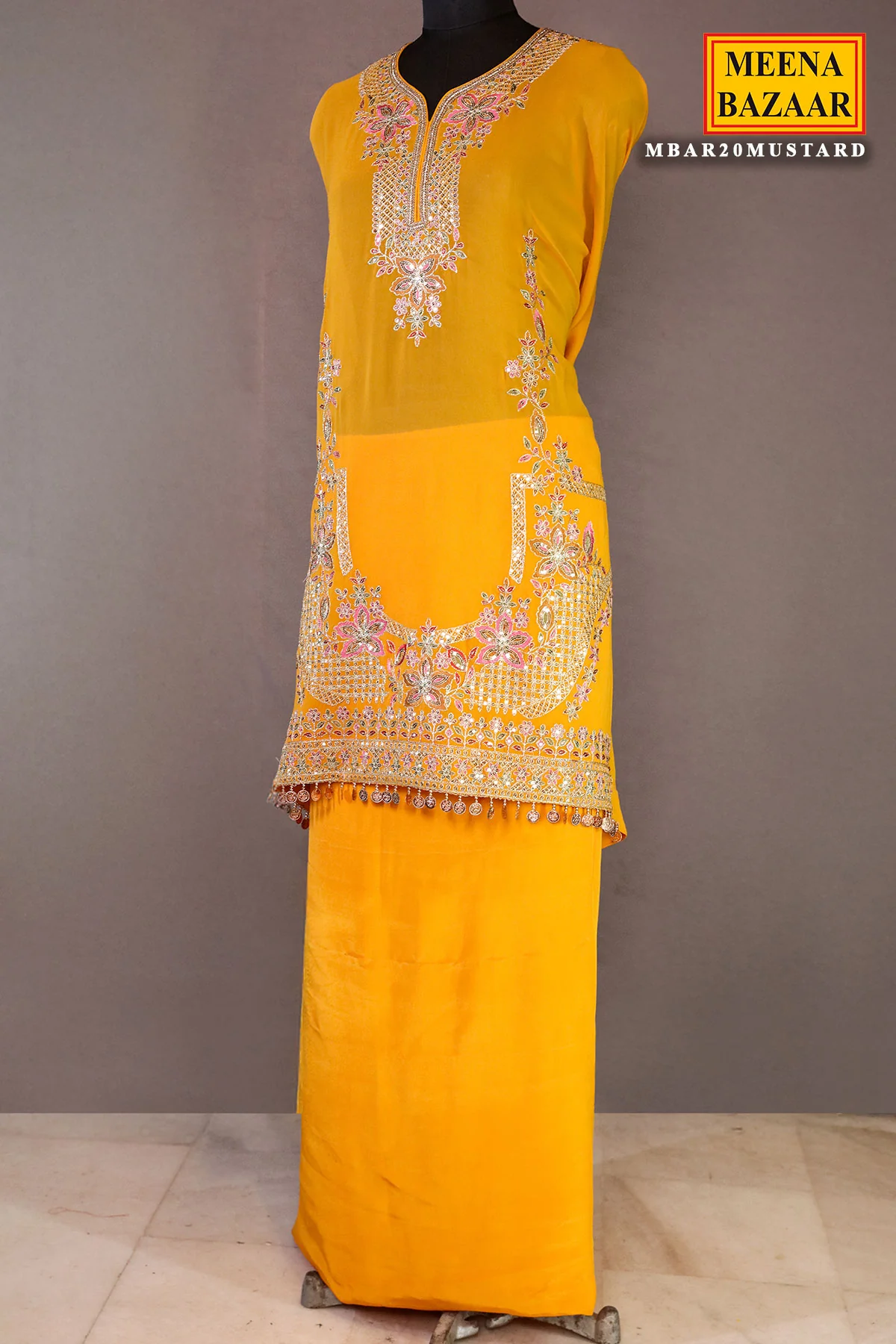 Mustard Georgette Neck Zari,Sequin Embroidered Sharara Suit Set - Image 13