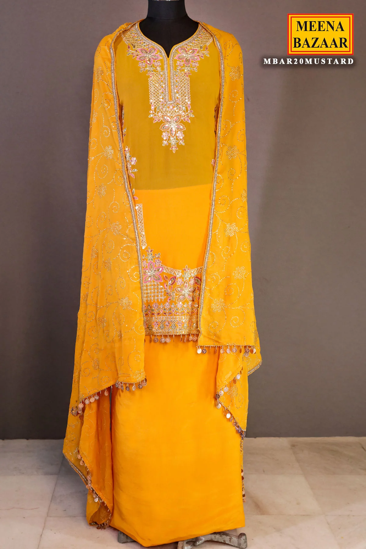 Mustard Georgette Neck Zari,Sequin Embroidered Sharara Suit Set - Image 14