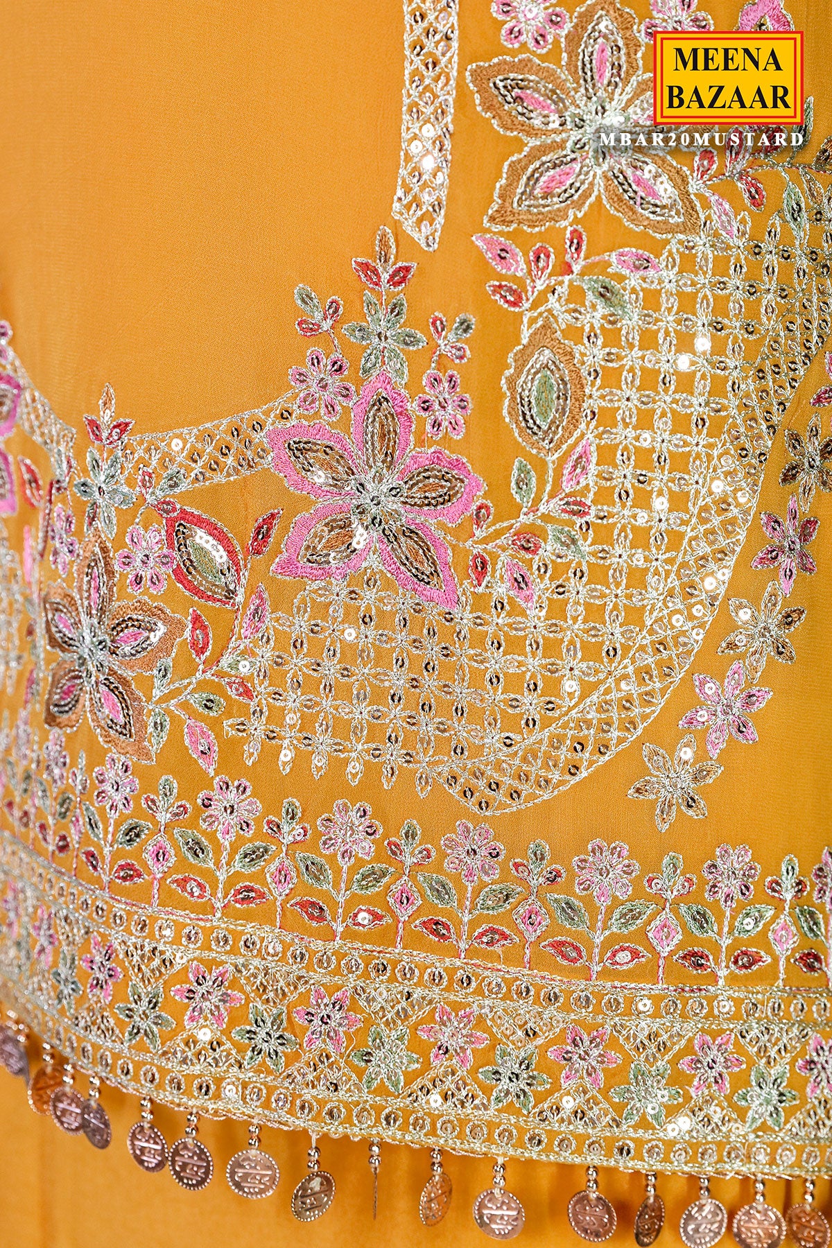 Mustard Georgette Neck Zari,Sequin Embroidered Sharara Suit Set - Image 15