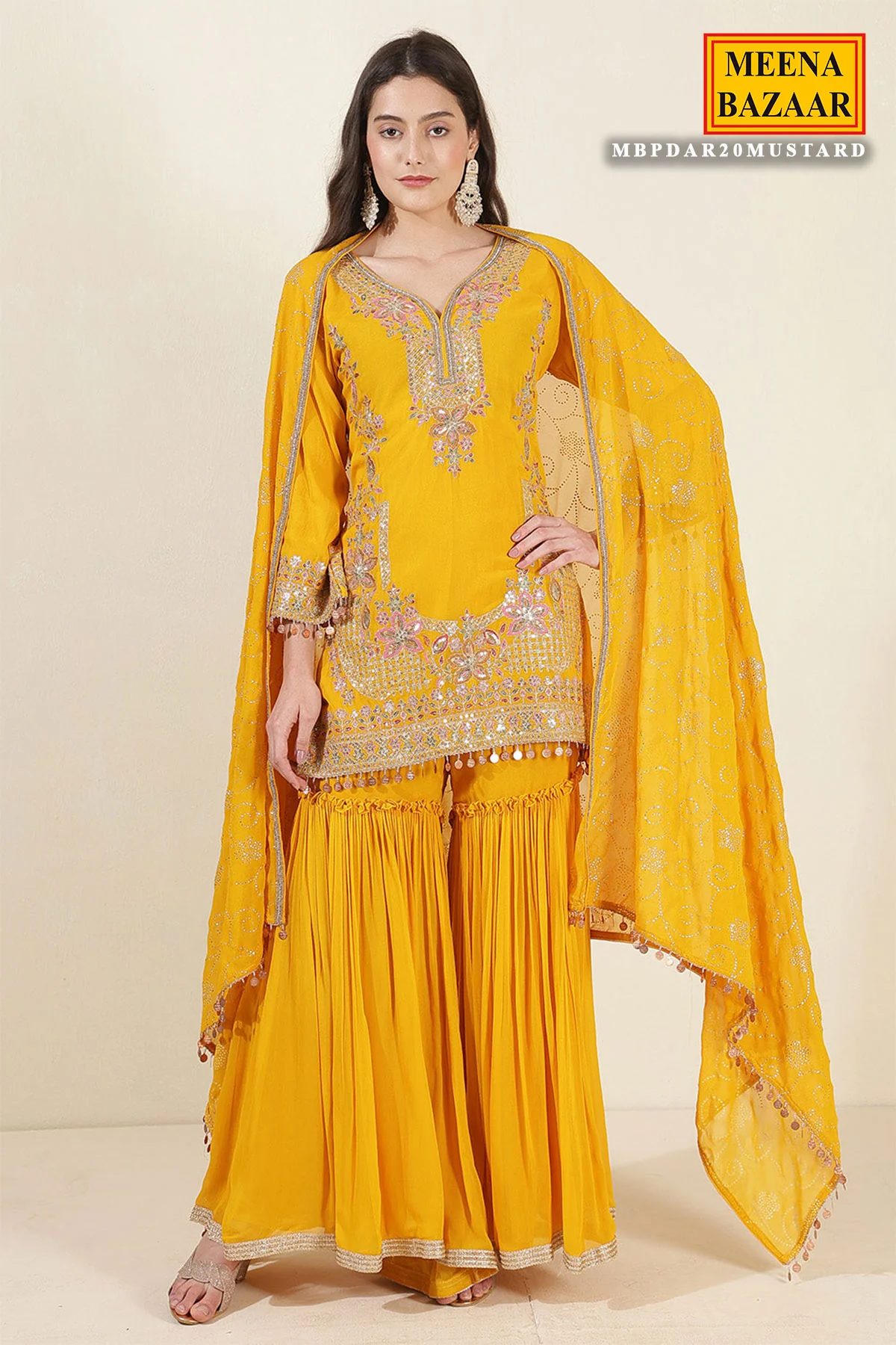 Mustard Georgette Neck Zari,Sequin Embroidered Sharara Suit Set - Image 2