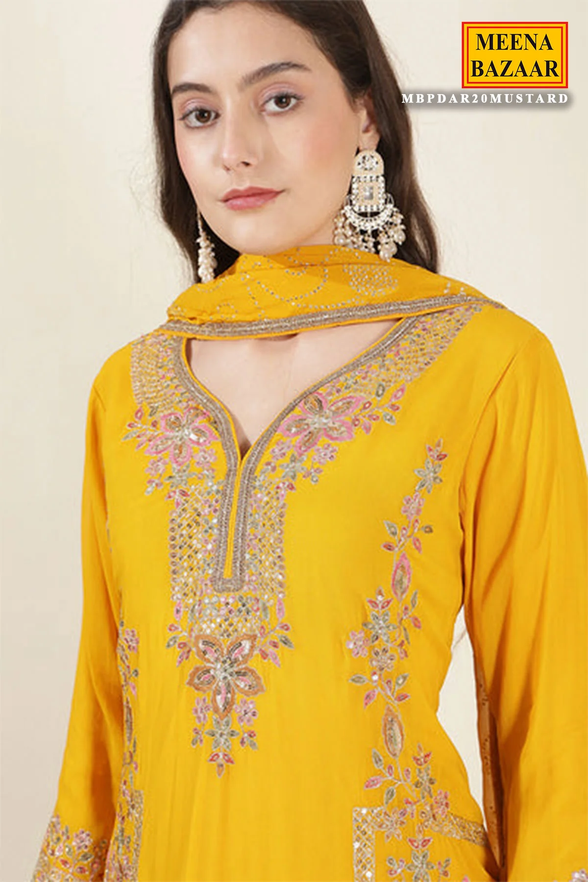 Mustard Georgette Neck Zari,Sequin Embroidered Sharara Suit Set - Image 3