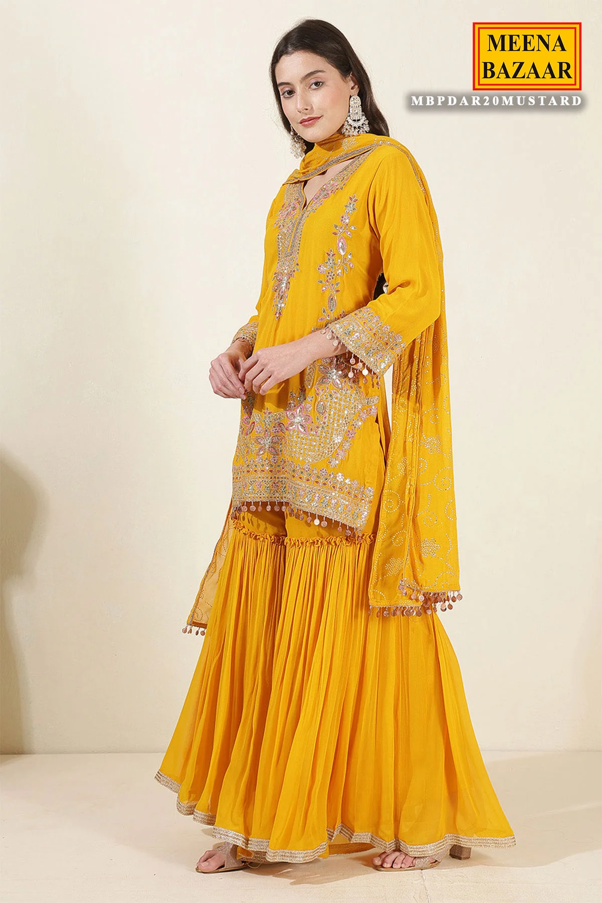 Mustard Georgette Neck Zari,Sequin Embroidered Sharara Suit Set - Image 4