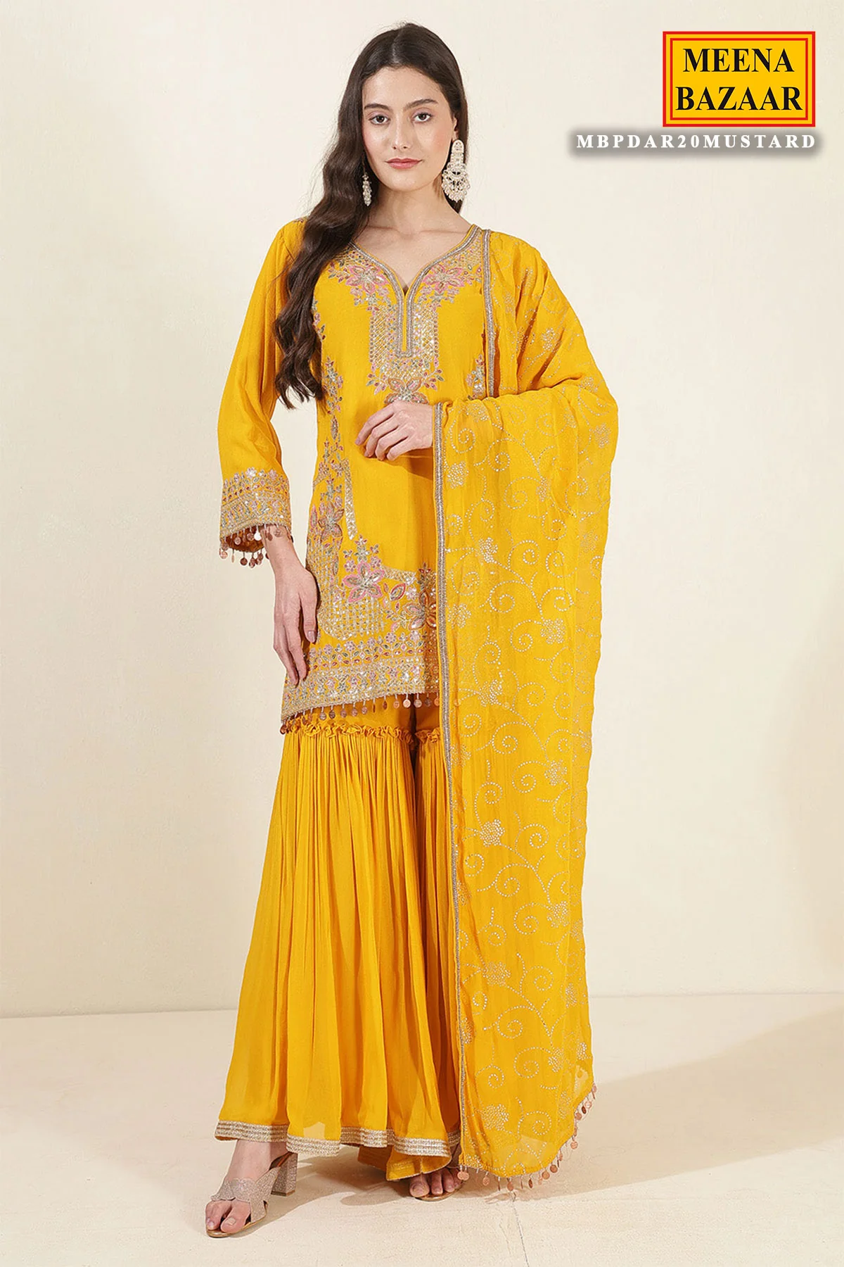 Mustard Georgette Neck Zari,Sequin Embroidered Sharara Suit Set - Image 5