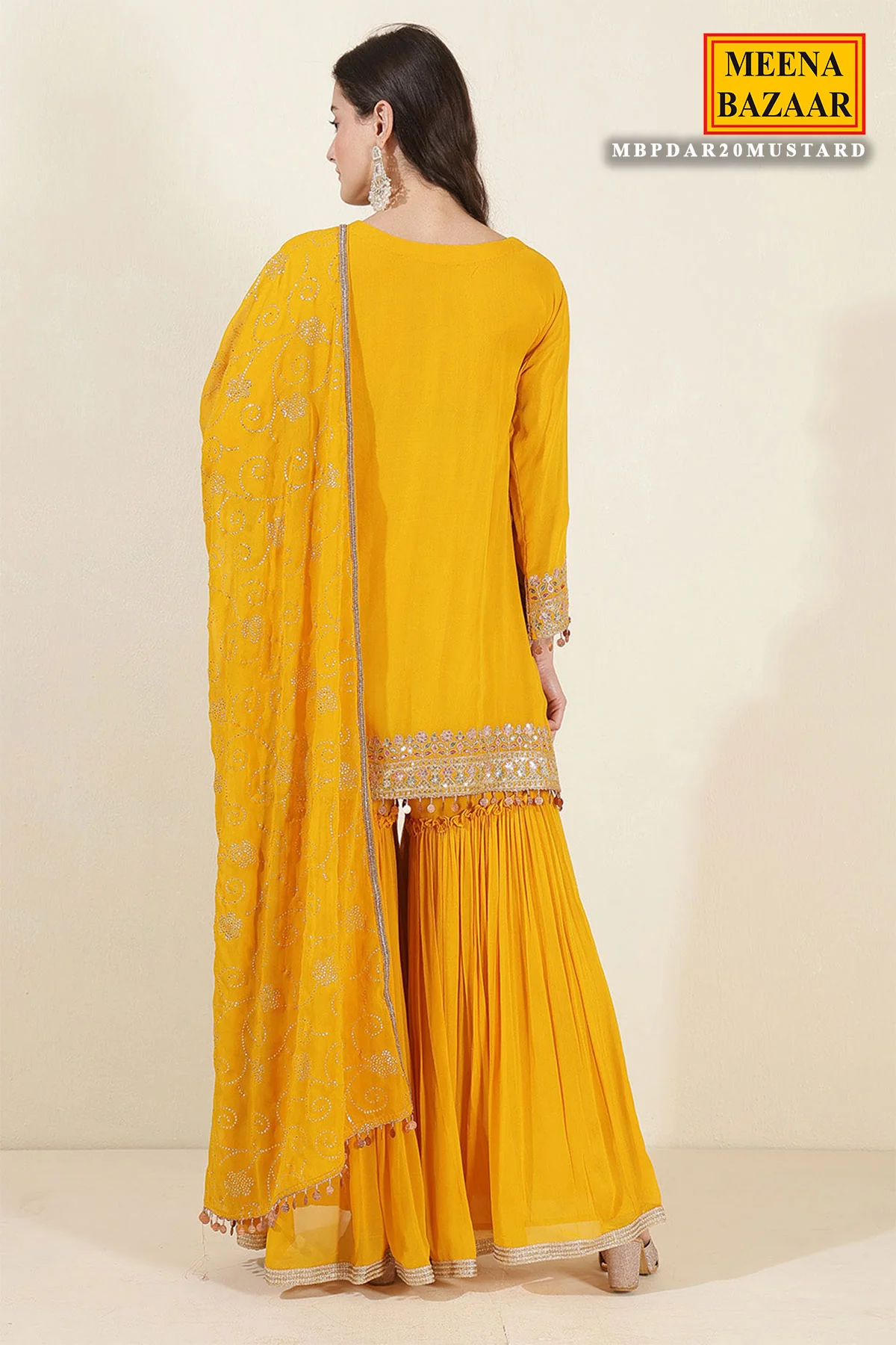 Mustard Georgette Neck Zari,Sequin Embroidered Sharara Suit Set - Image 6