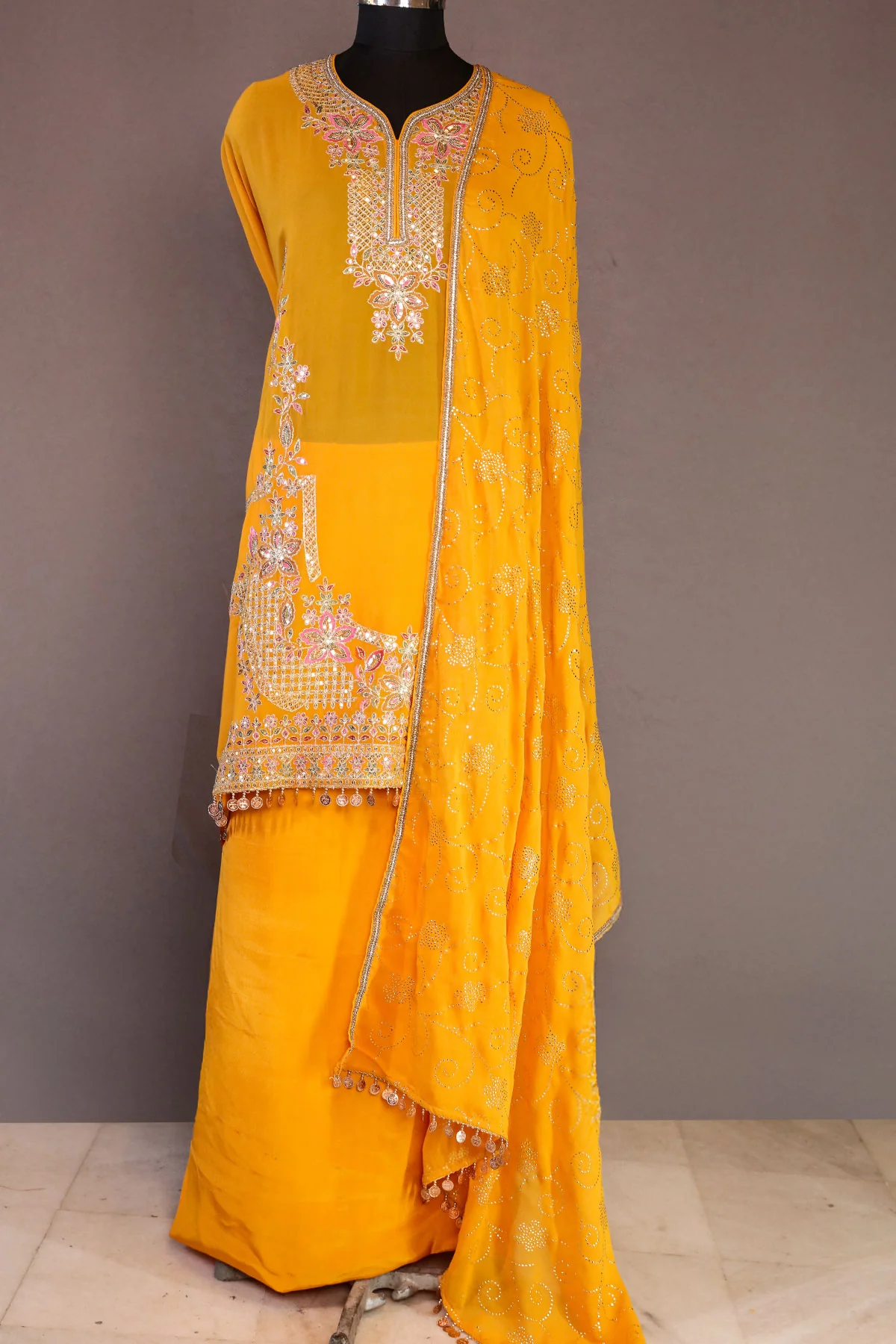 Mustard Georgette Neck Zari,Sequin Embroidered Sharara Suit Set - Image 8