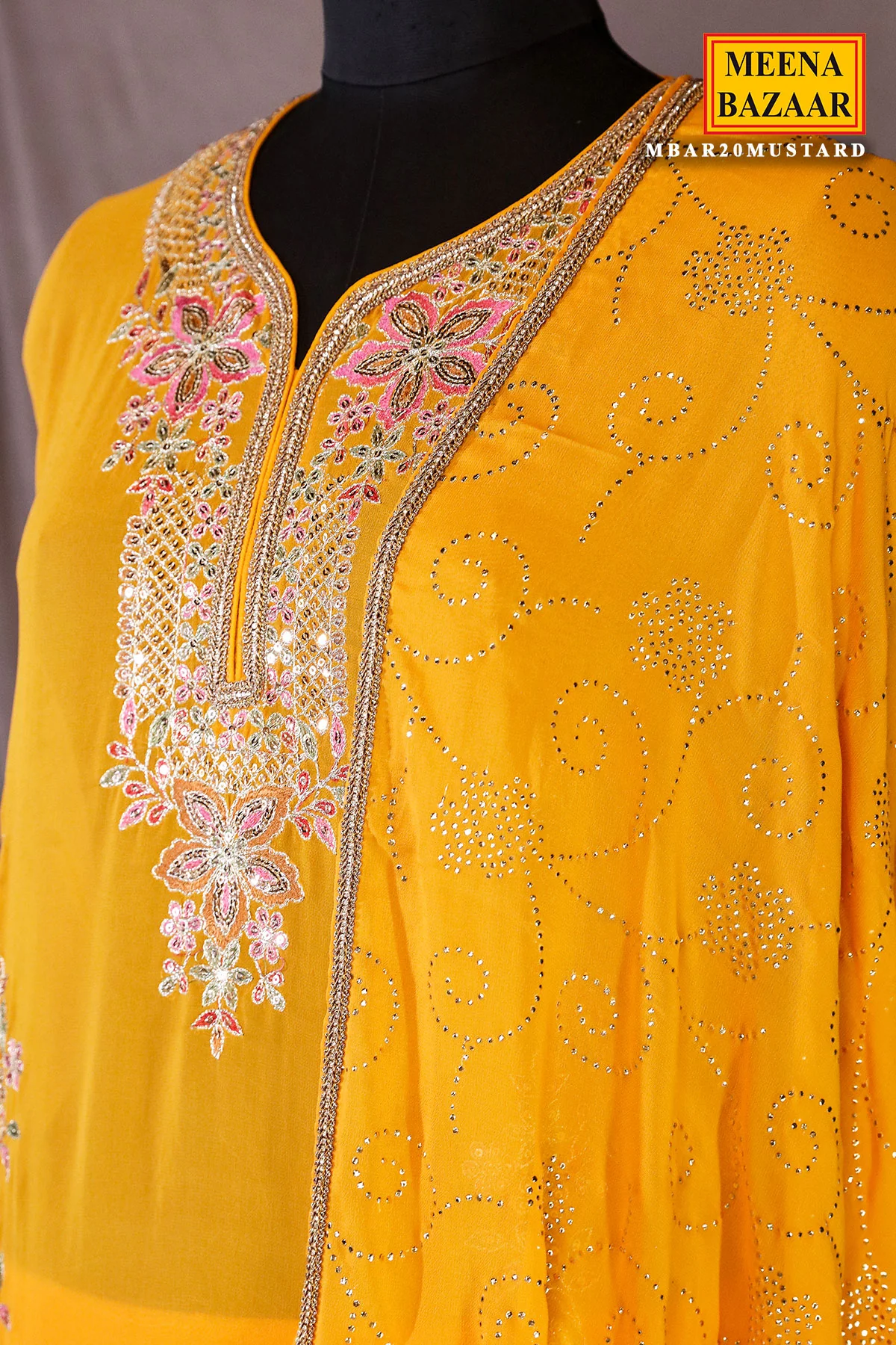 Mustard Georgette Neck Zari,Sequin Embroidered Sharara Suit Set - Image 9