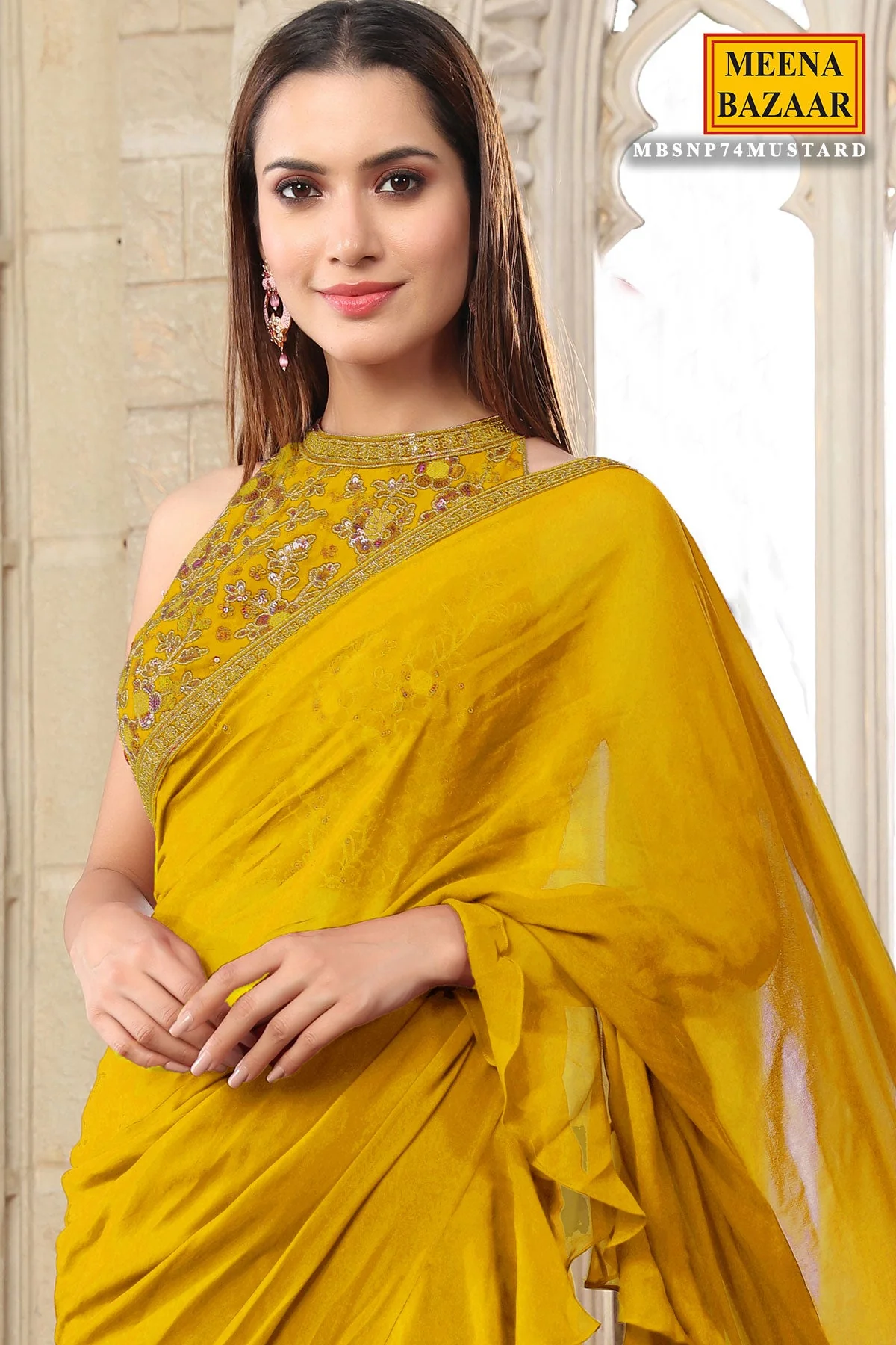 Mustard Georgette Pleated Saree - Image 3