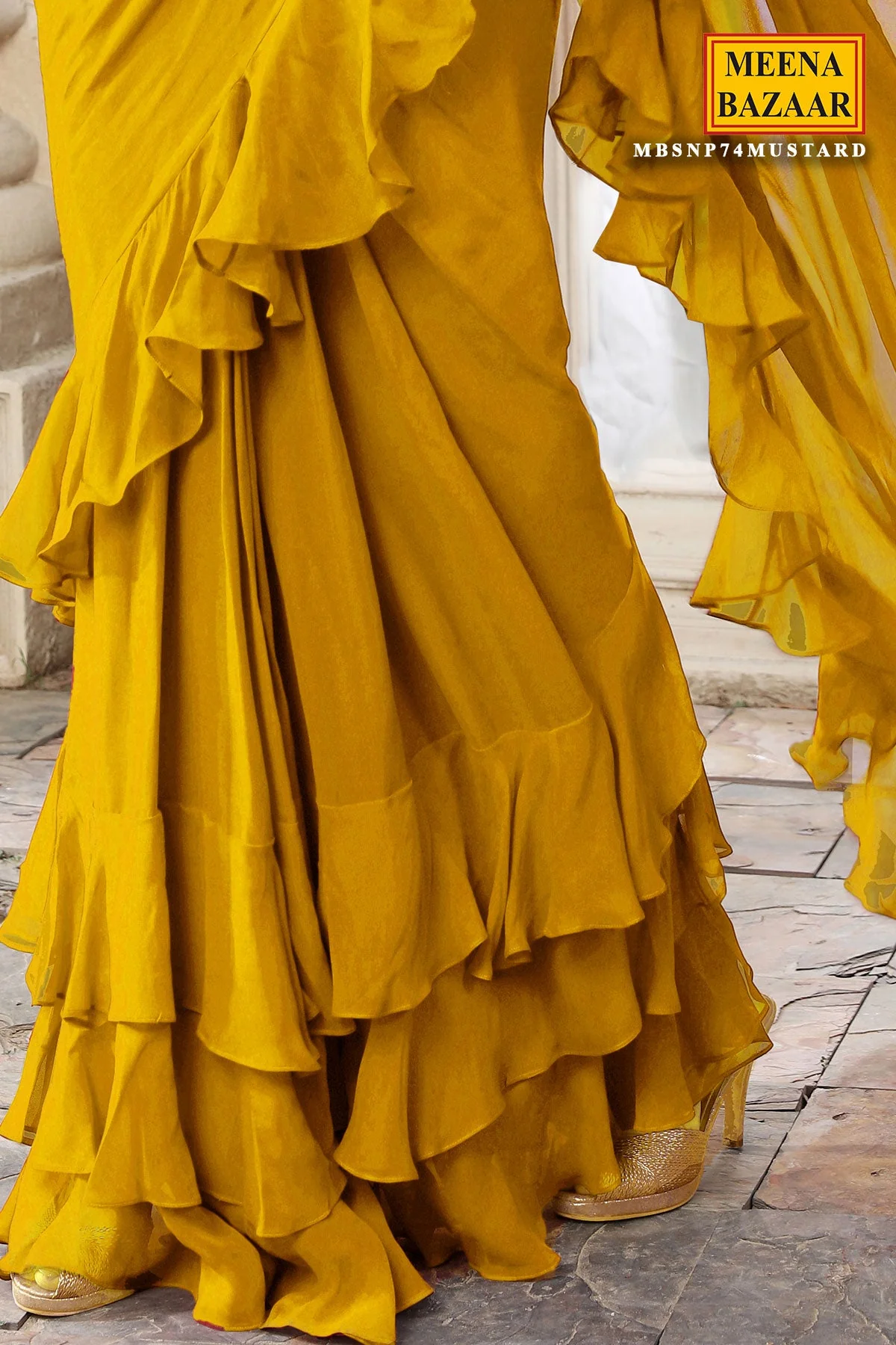 Mustard Georgette Pleated Saree - Image 4