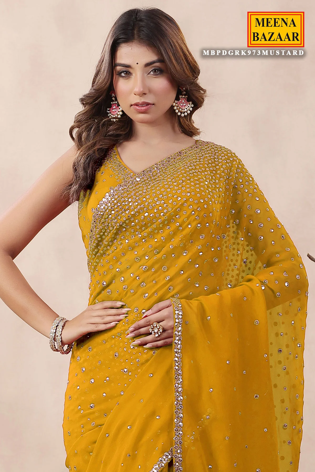 Mustard Georgette Saree with Zari and Sequins Embroidery - Image 2