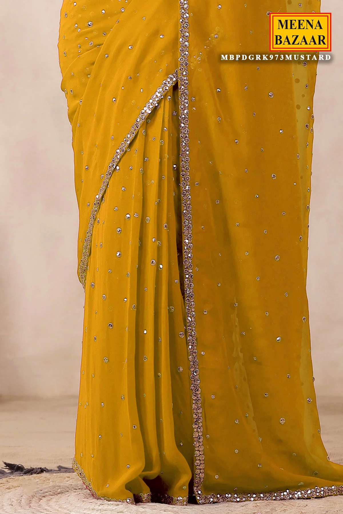 Mustard Georgette Saree with Zari and Sequins Embroidery - Image 3