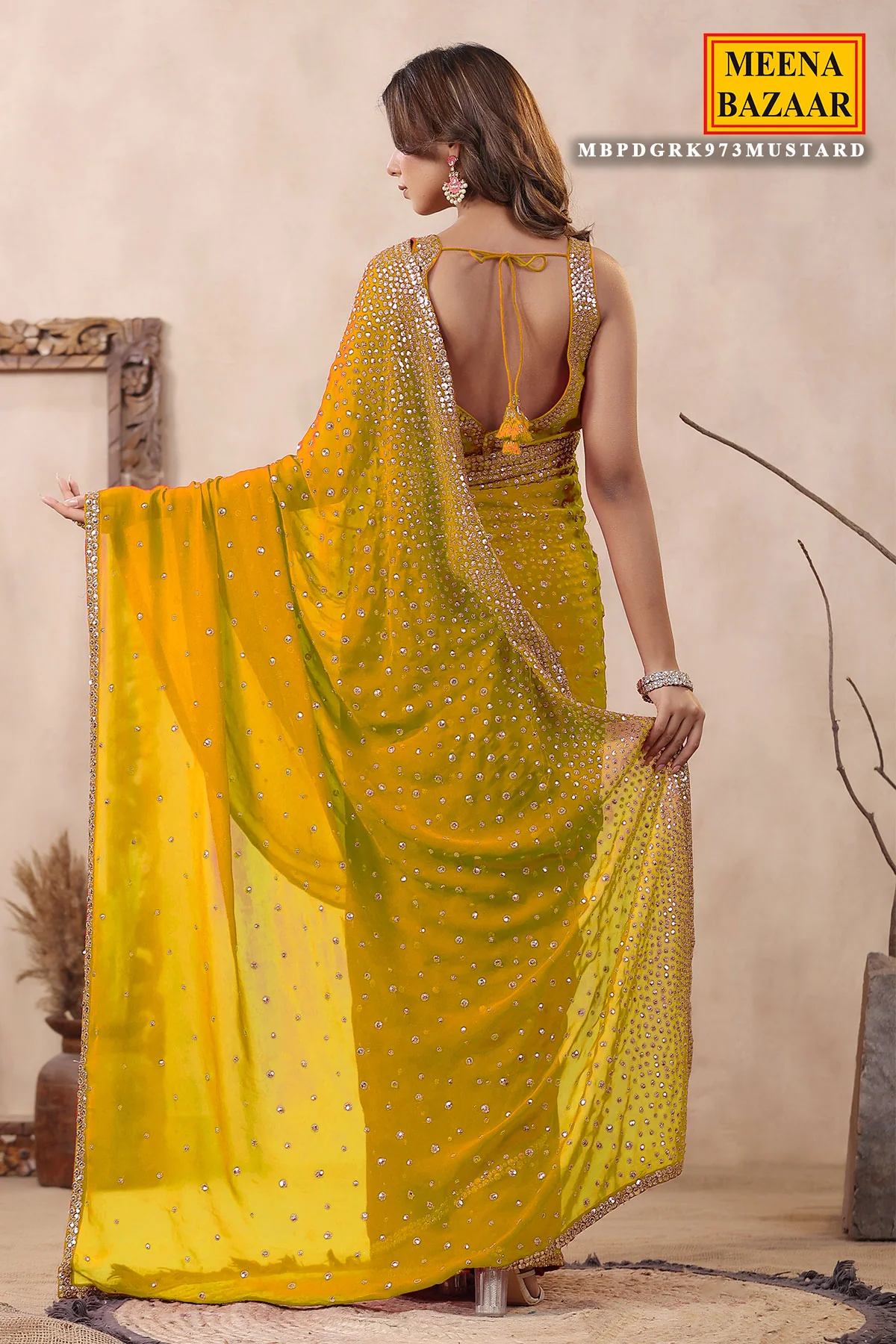 Mustard Georgette Saree with Zari and Sequins Embroidery - Image 4