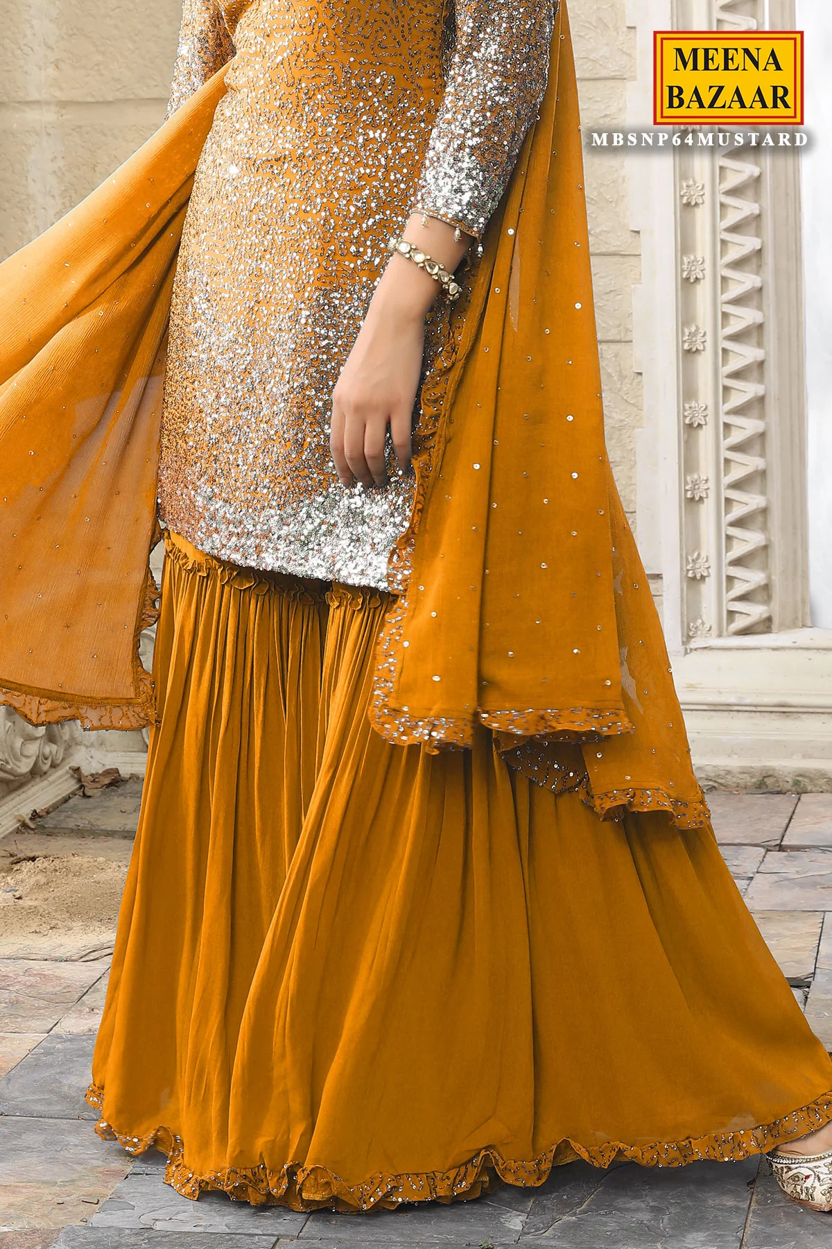 Mustard Georgette Sequins Embroidered Gharara Suit Set - Image 3