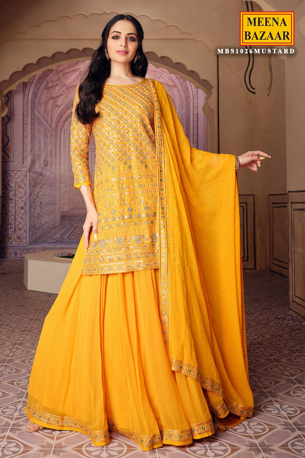 Mustard Georgette with Zari Sequins Embroidered Suit - Image 2
