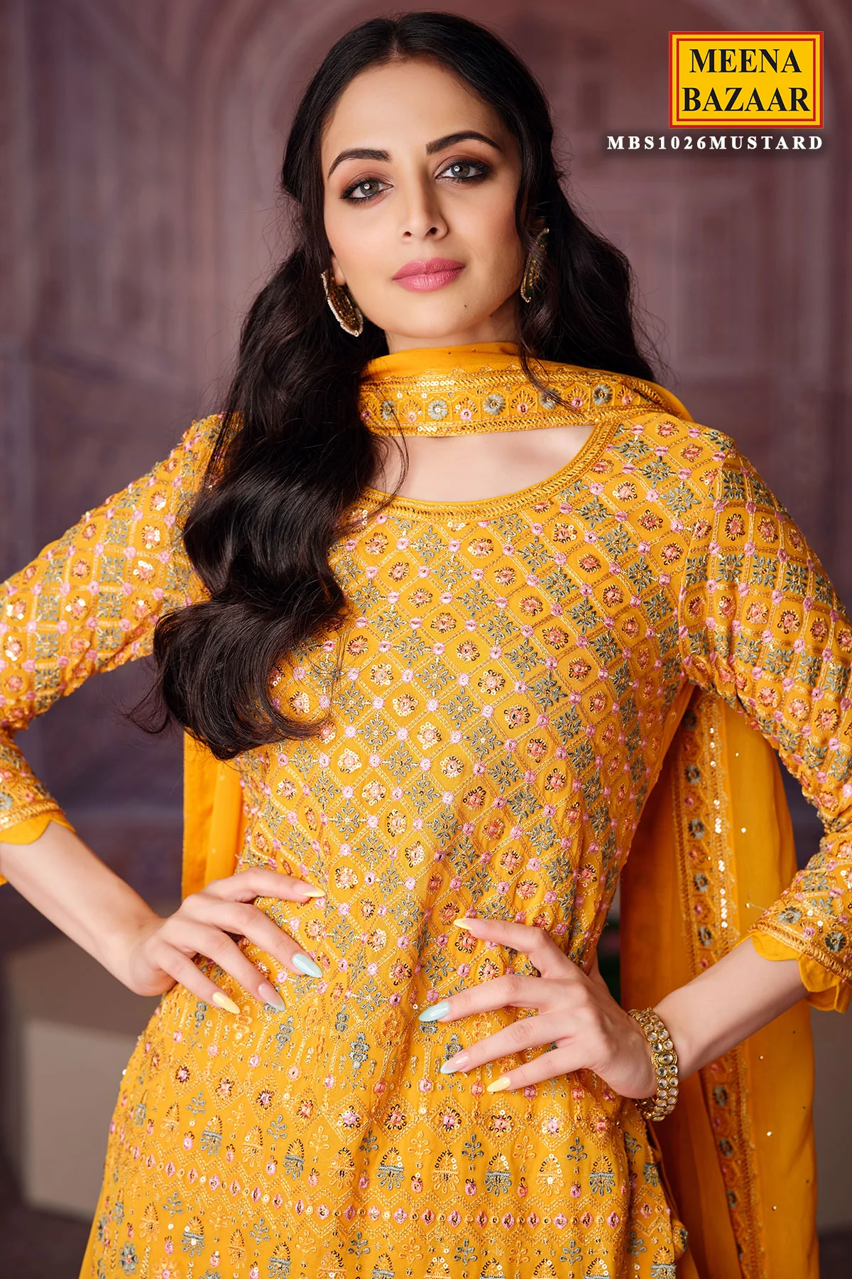 Mustard Georgette with Zari Sequins Embroidered Suit - Image 3