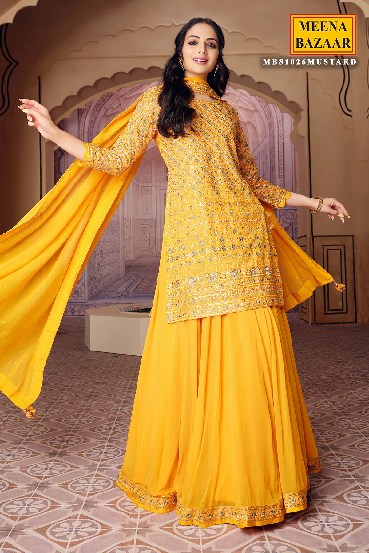 Mustard Georgette with Zari Sequins Embroidered Suit - Image 4