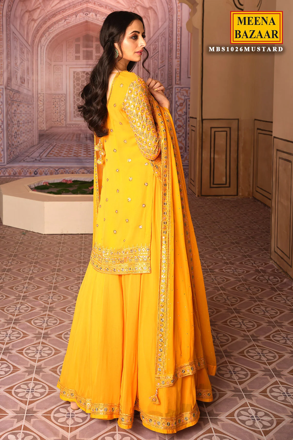 Mustard Georgette with Zari Sequins Embroidered Suit - Image 5