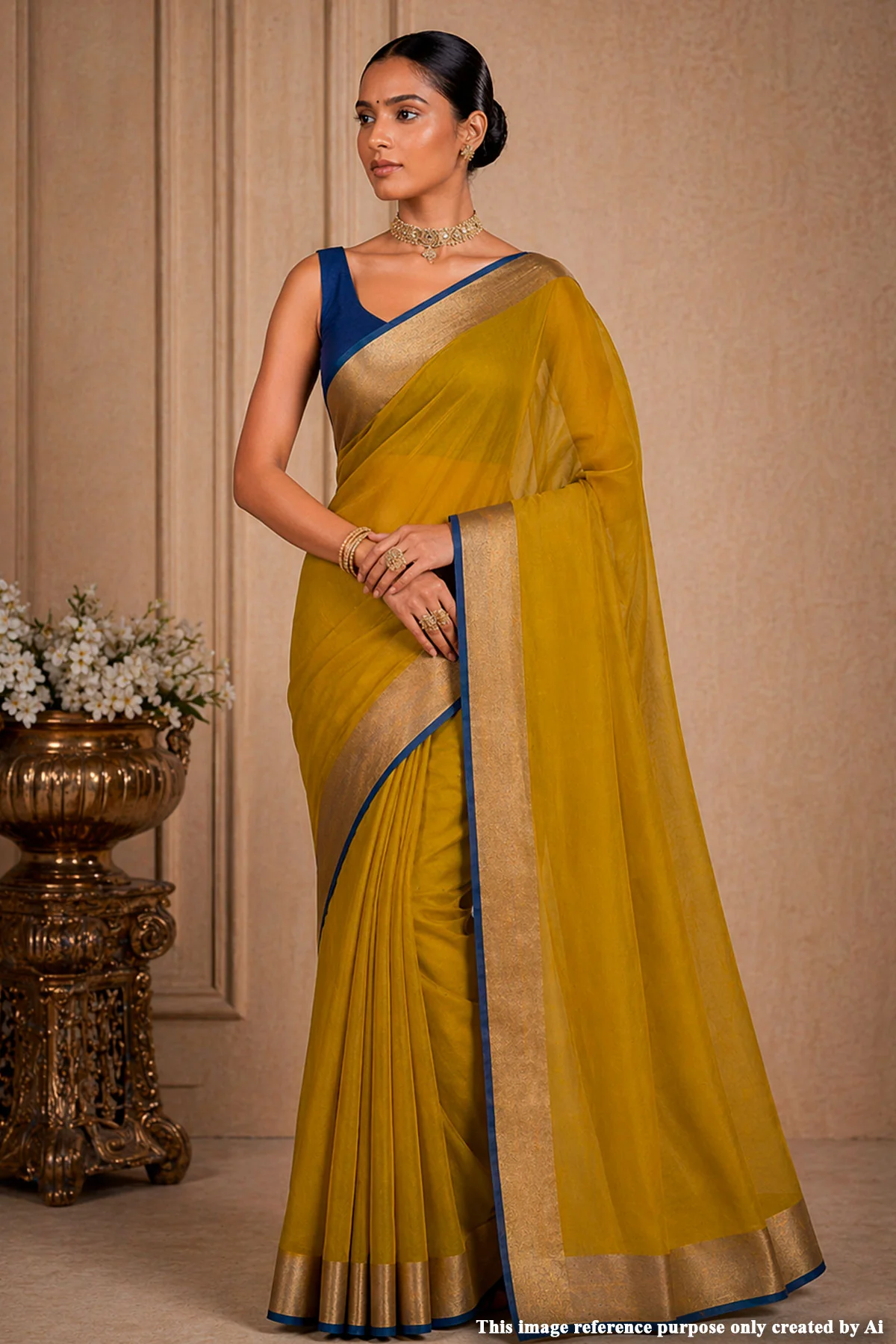 Mustard Gold Organza Weave Saree with Navy Blue Accents