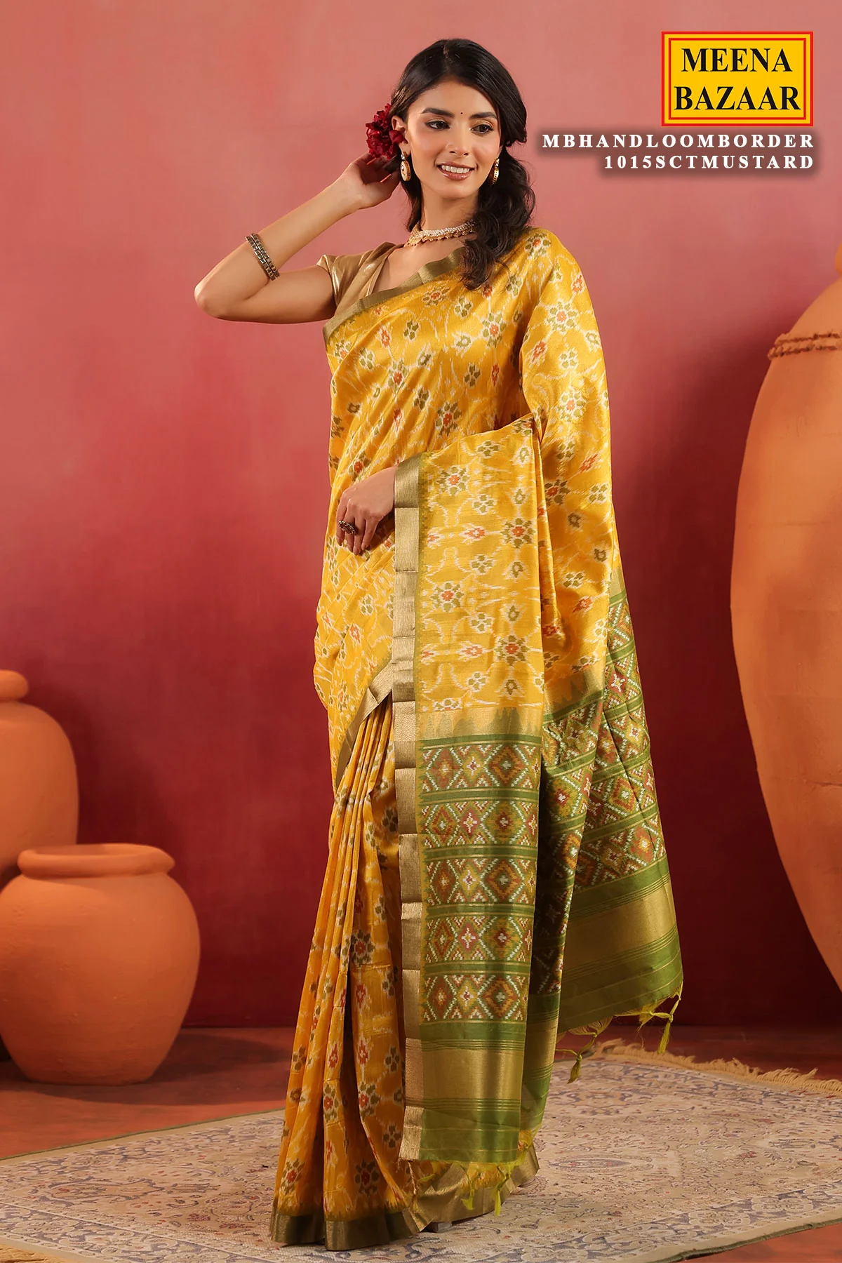 Mustard Handloom Silk Saree with Contrast Border - Image 5