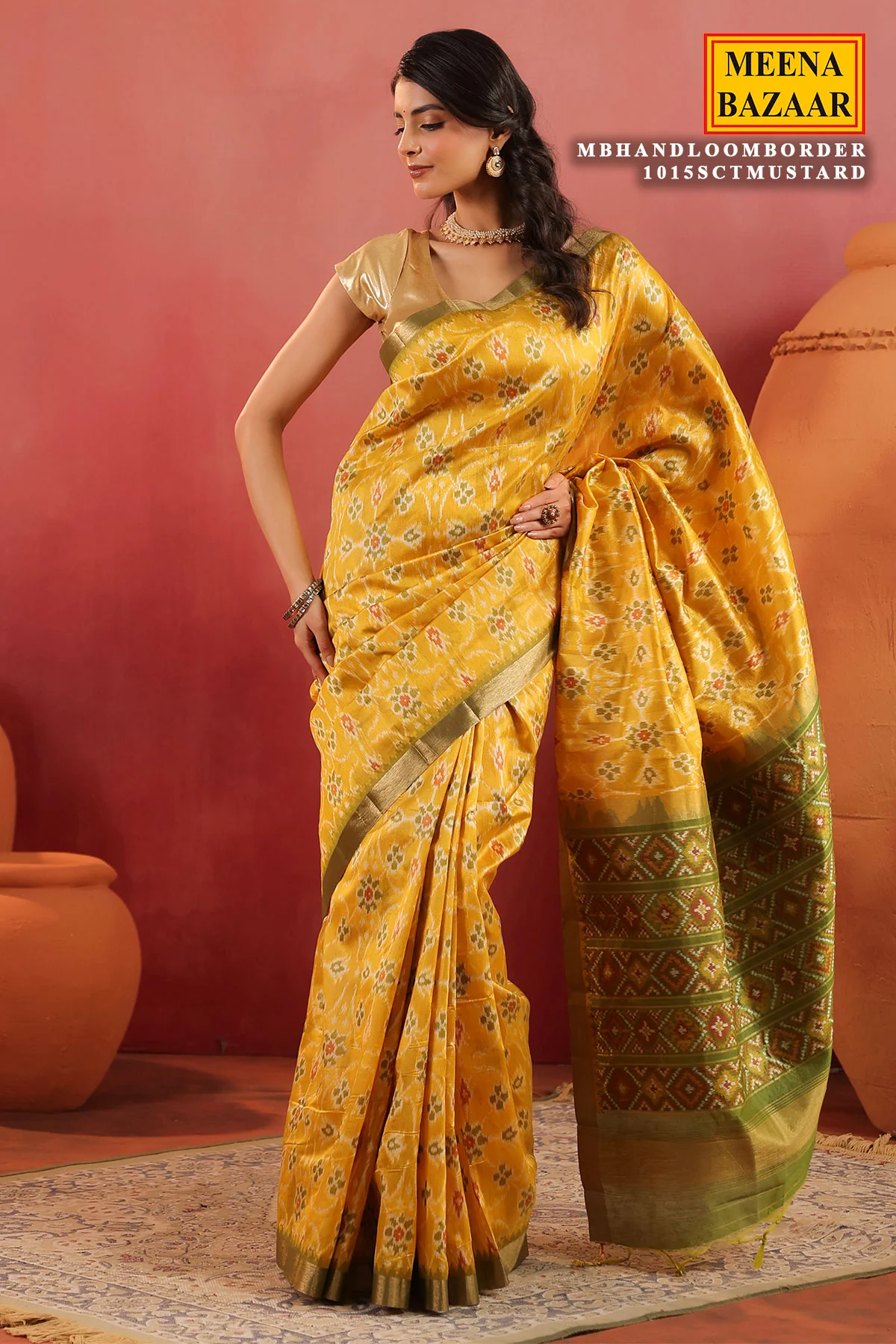 Mustard Handloom Silk Saree with Contrast Border - Image 6