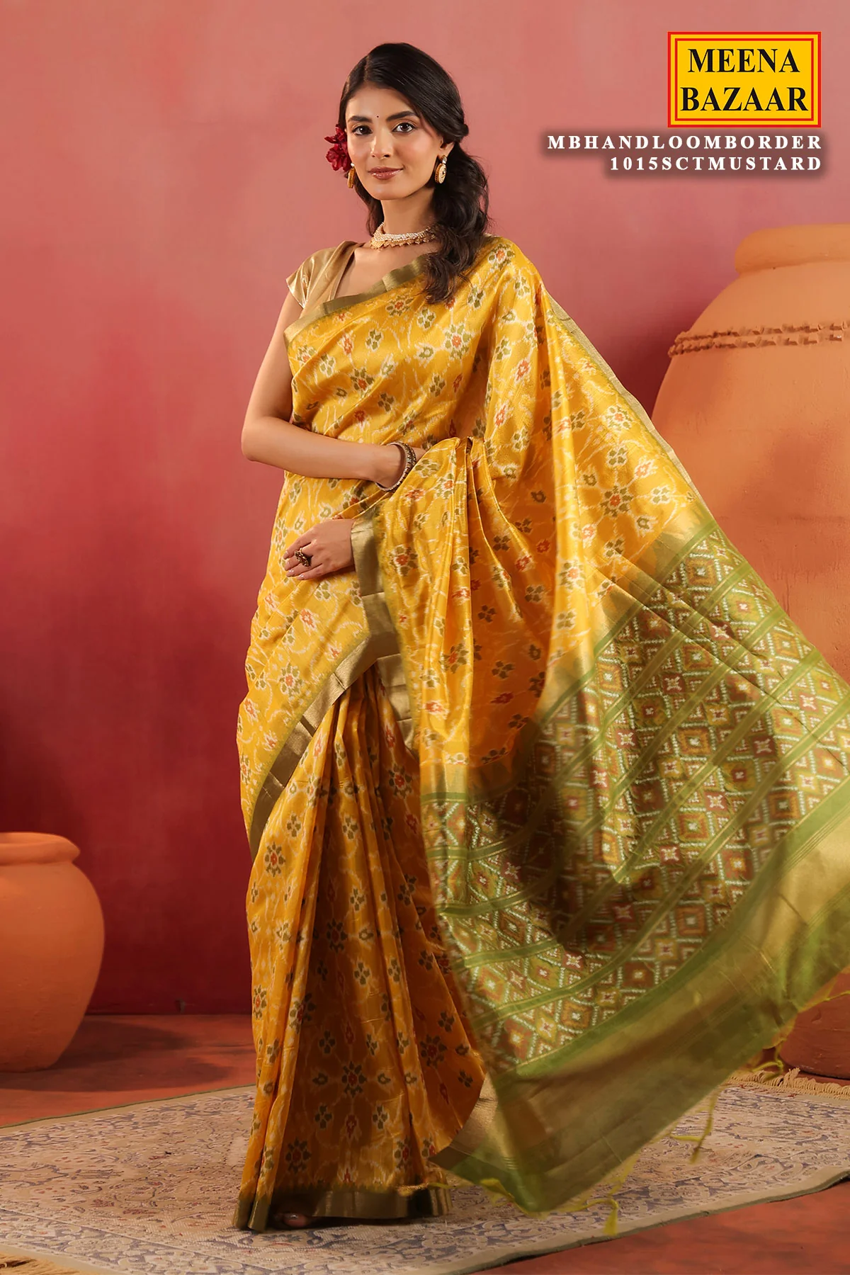 Mustard Handloom Silk Saree with Contrast Border - Image 7