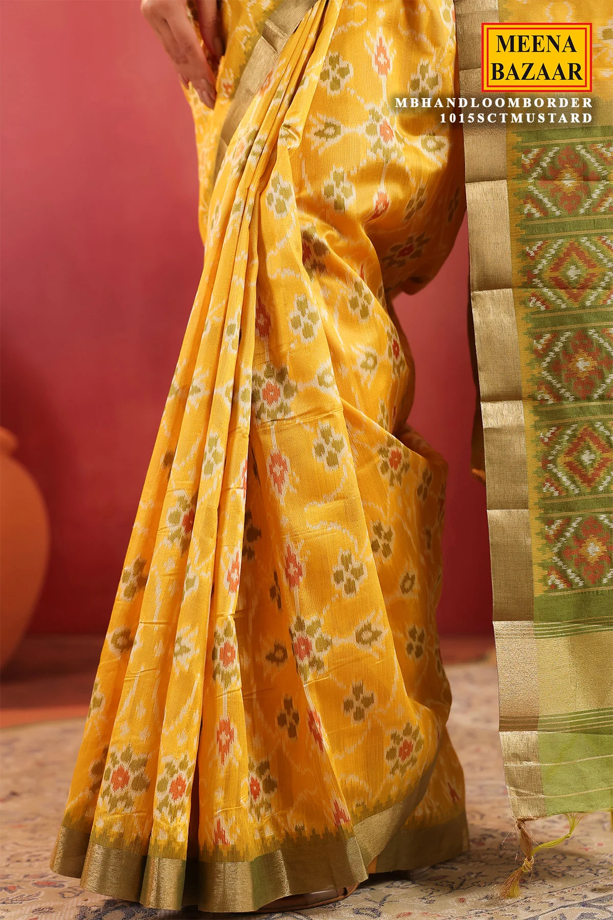 Mustard Handloom Silk Saree with Contrast Border - Image 9