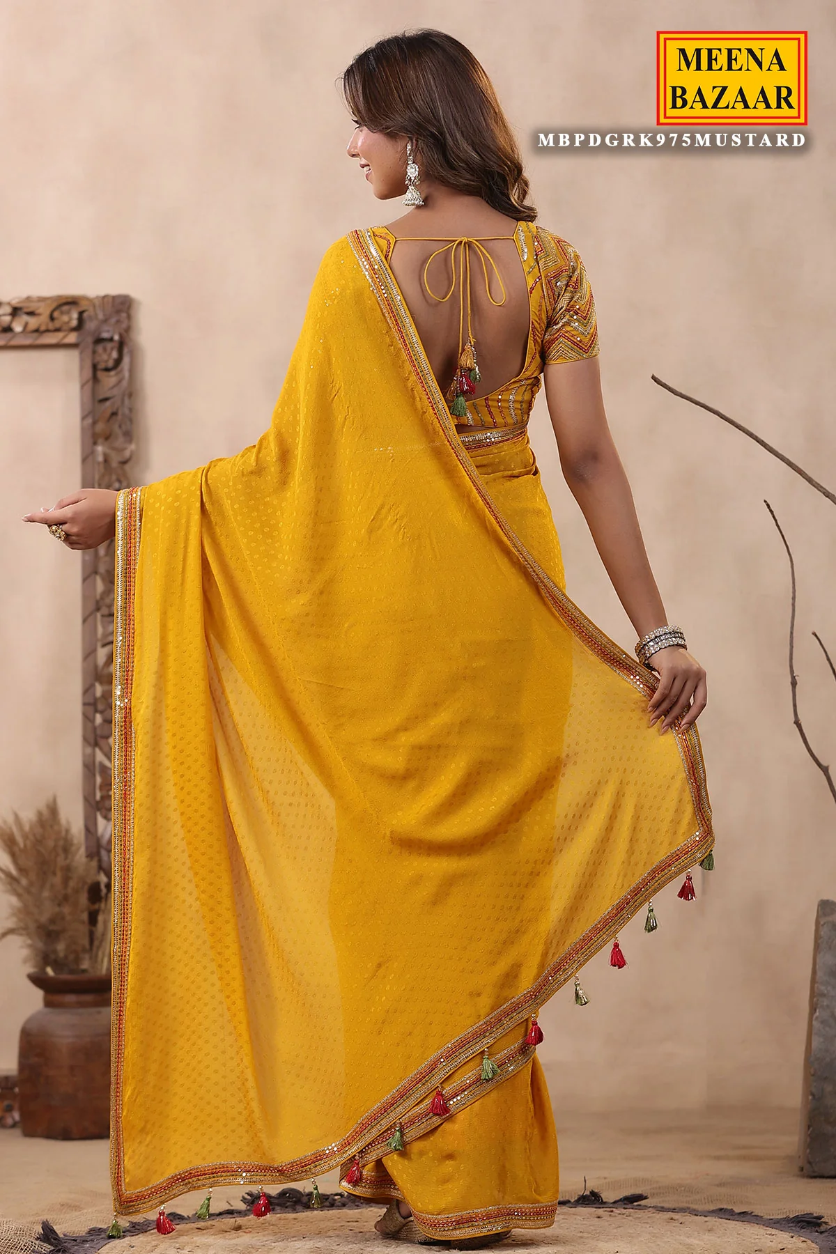 Mustard Jacquard Crepe Sequins Embroidered Saree - Image 4
