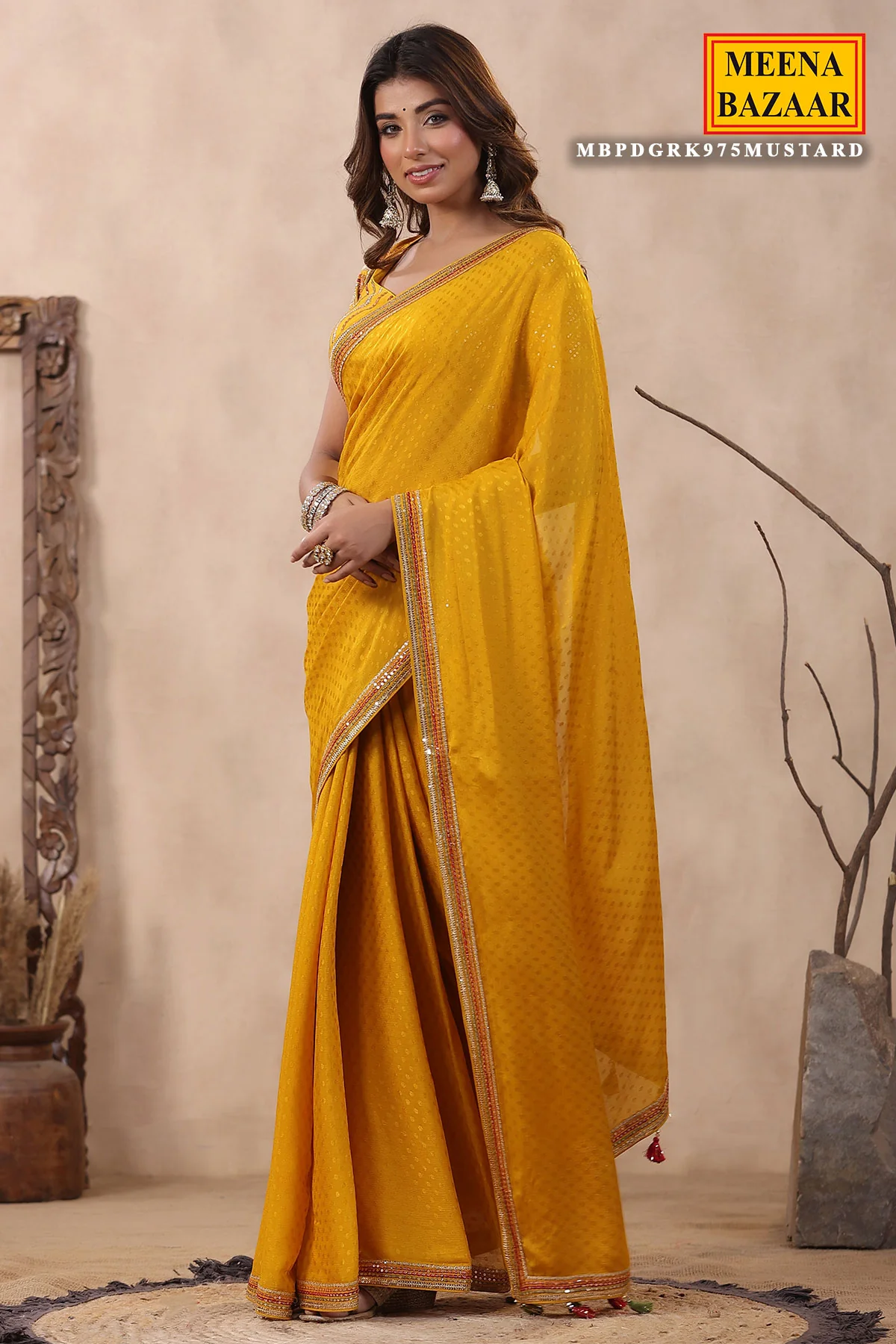 Mustard Jacquard Crepe Sequins Embroidered Saree - Image 5