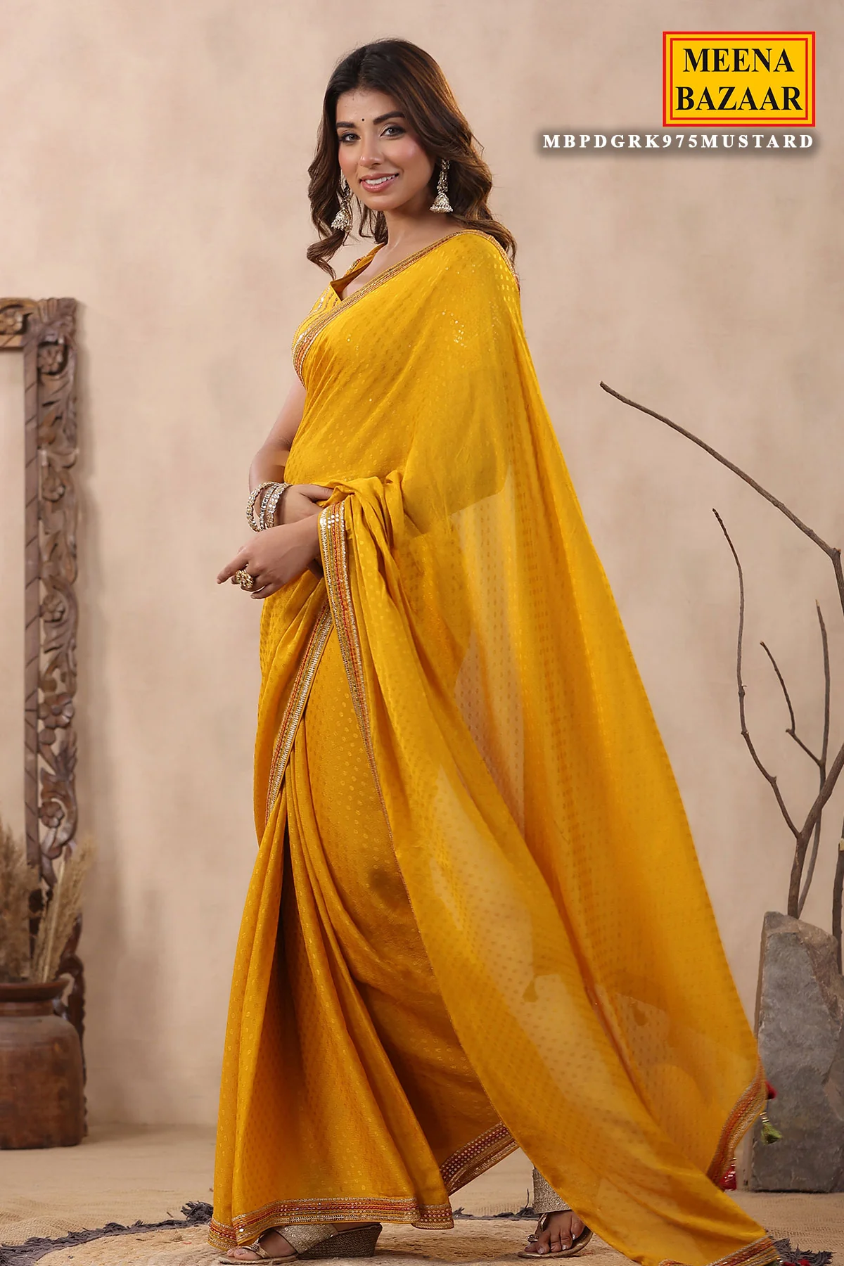 Mustard Jacquard Crepe Sequins Embroidered Saree - Image 6