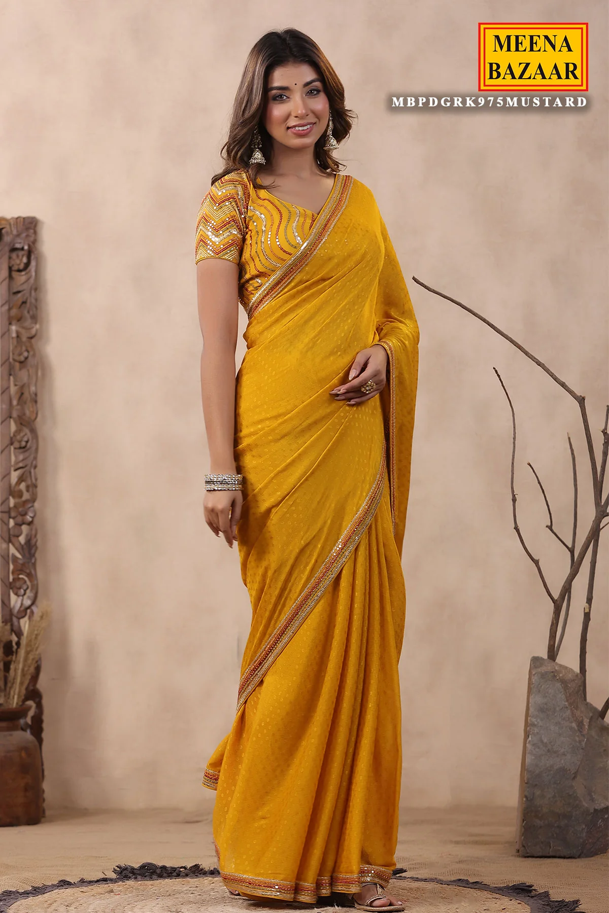 Mustard Jacquard Crepe Sequins Embroidered Saree - Image 7