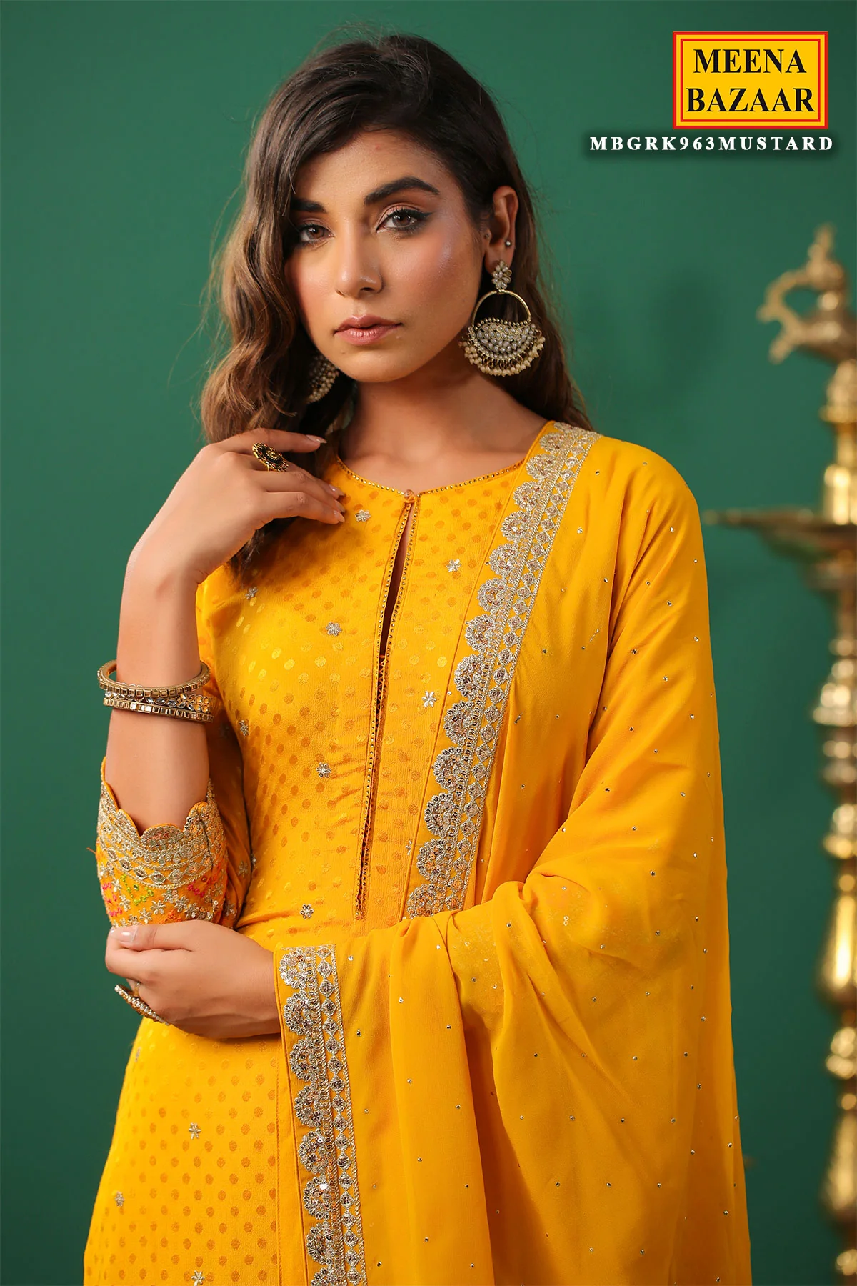 Mustard Jaquard Crepe Zari Thread and Sequins Embroidered Unstitched Suit - Image 2