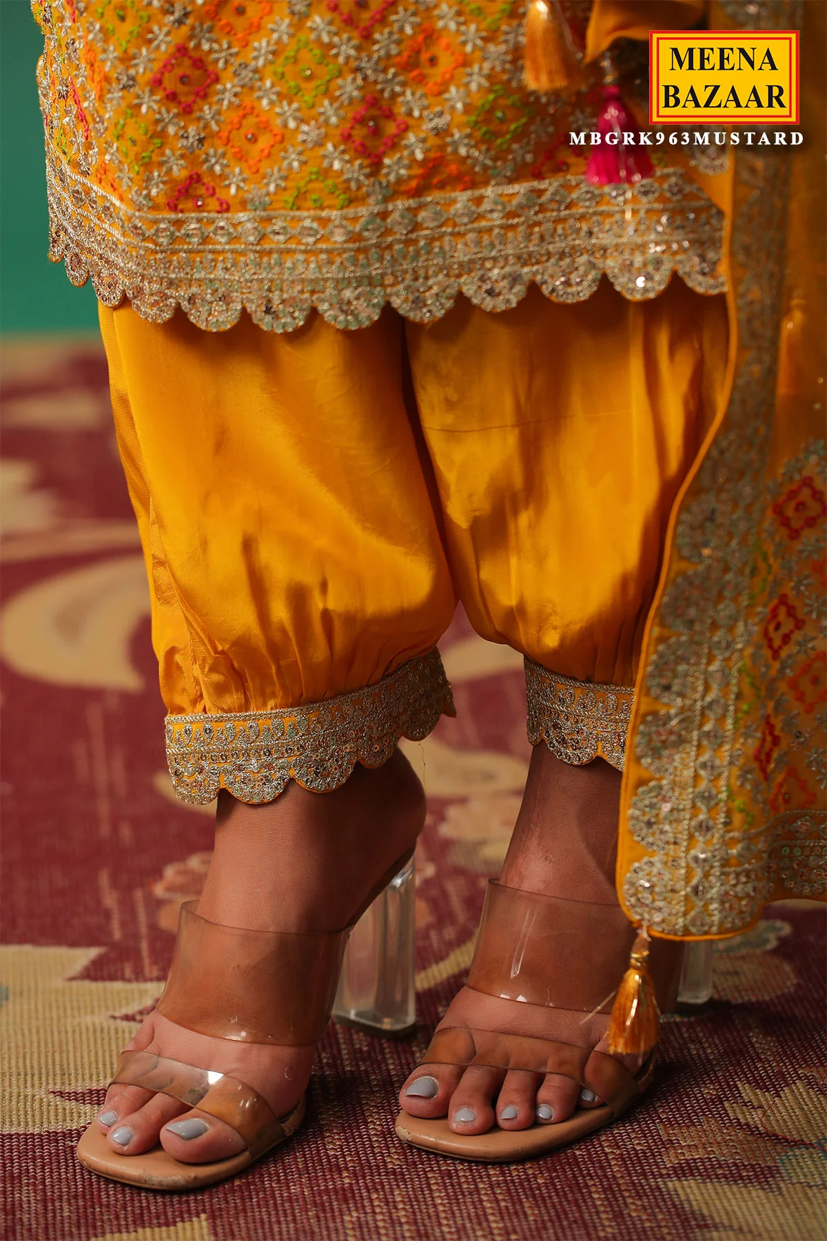 Mustard Jaquard Crepe Zari Thread and Sequins Embroidered Unstitched Suit - Image 3