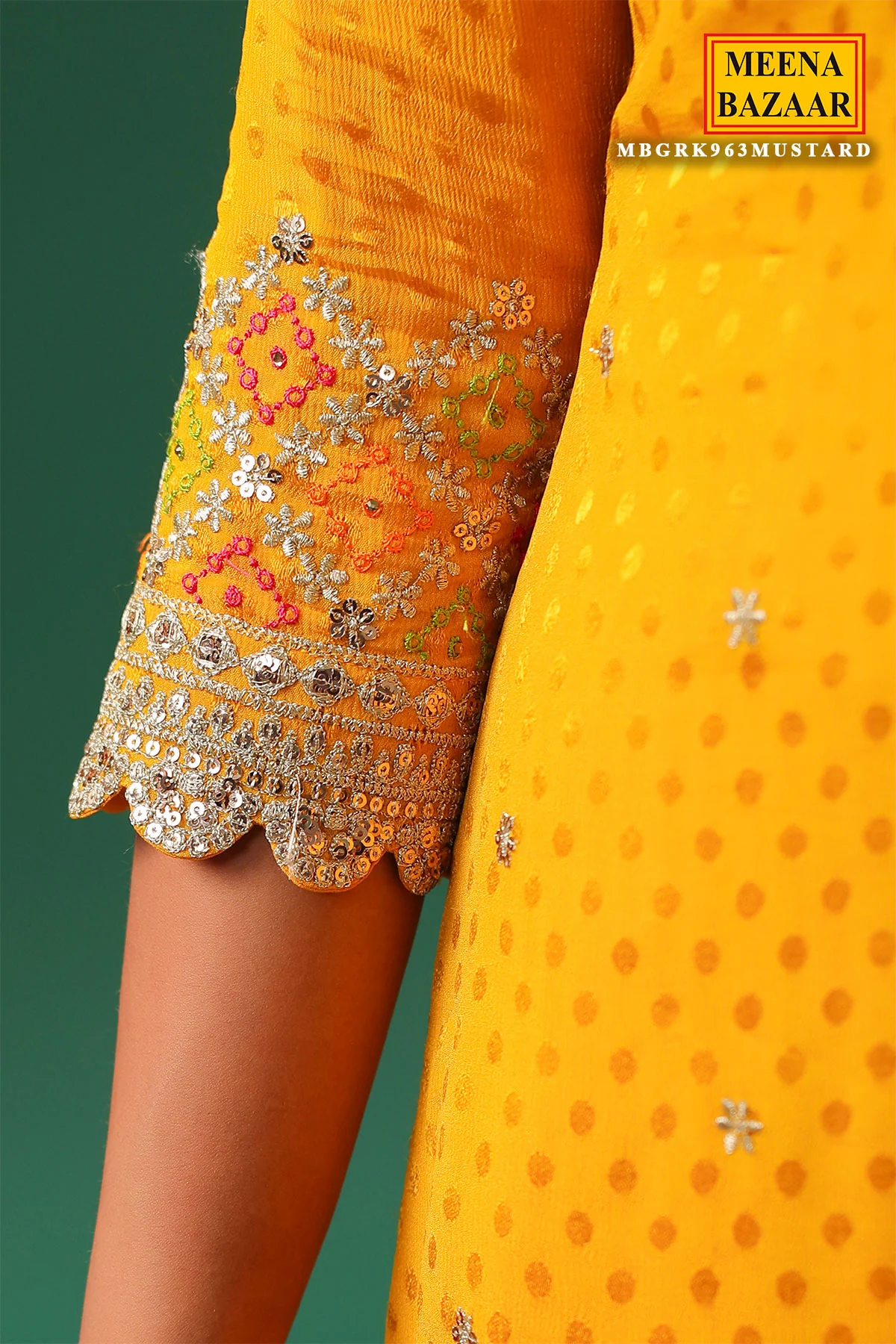 Mustard Jaquard Crepe Zari Thread and Sequins Embroidered Unstitched Suit - Image 4