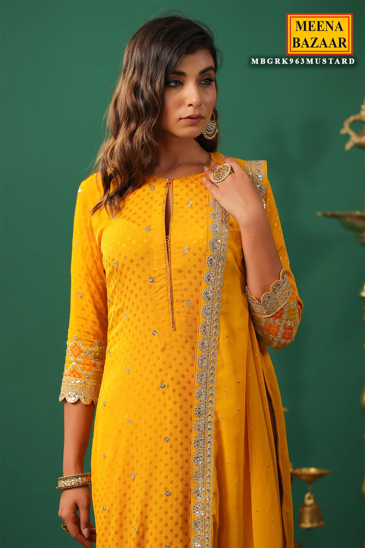 Mustard Jaquard Crepe Zari Thread and Sequins Embroidered Unstitched Suit - Image 5