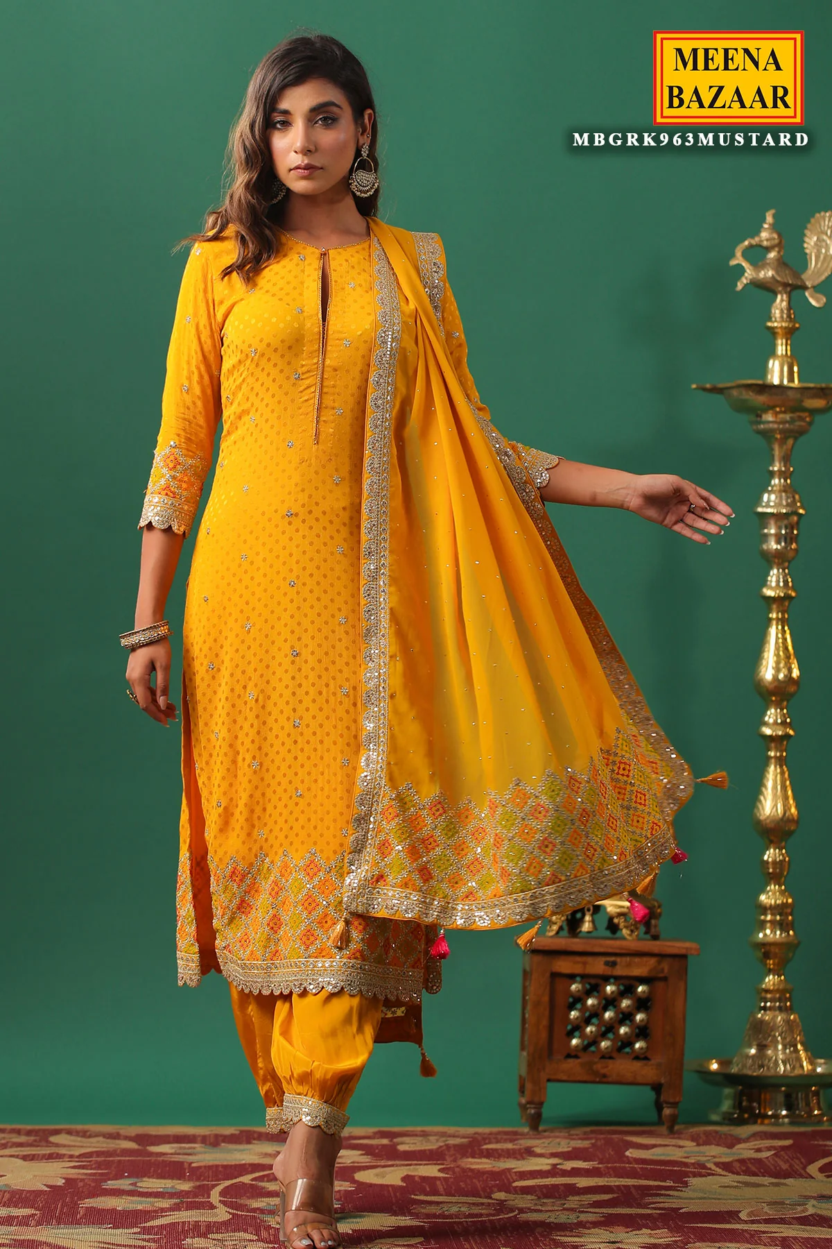 Mustard Jaquard Crepe Zari Thread and Sequins Embroidered Unstitched Suit - Image 6