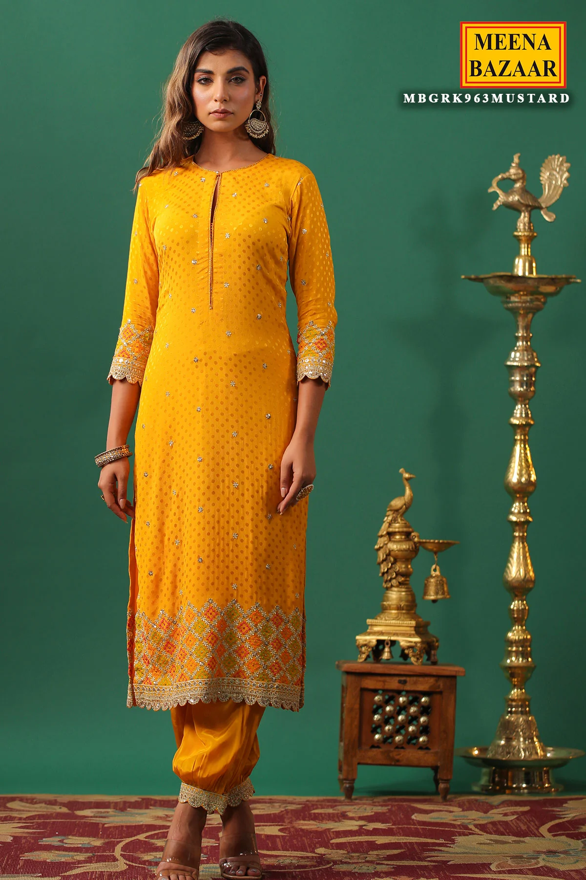 Mustard Jaquard Crepe Zari Thread and Sequins Embroidered Unstitched Suit - Image 7
