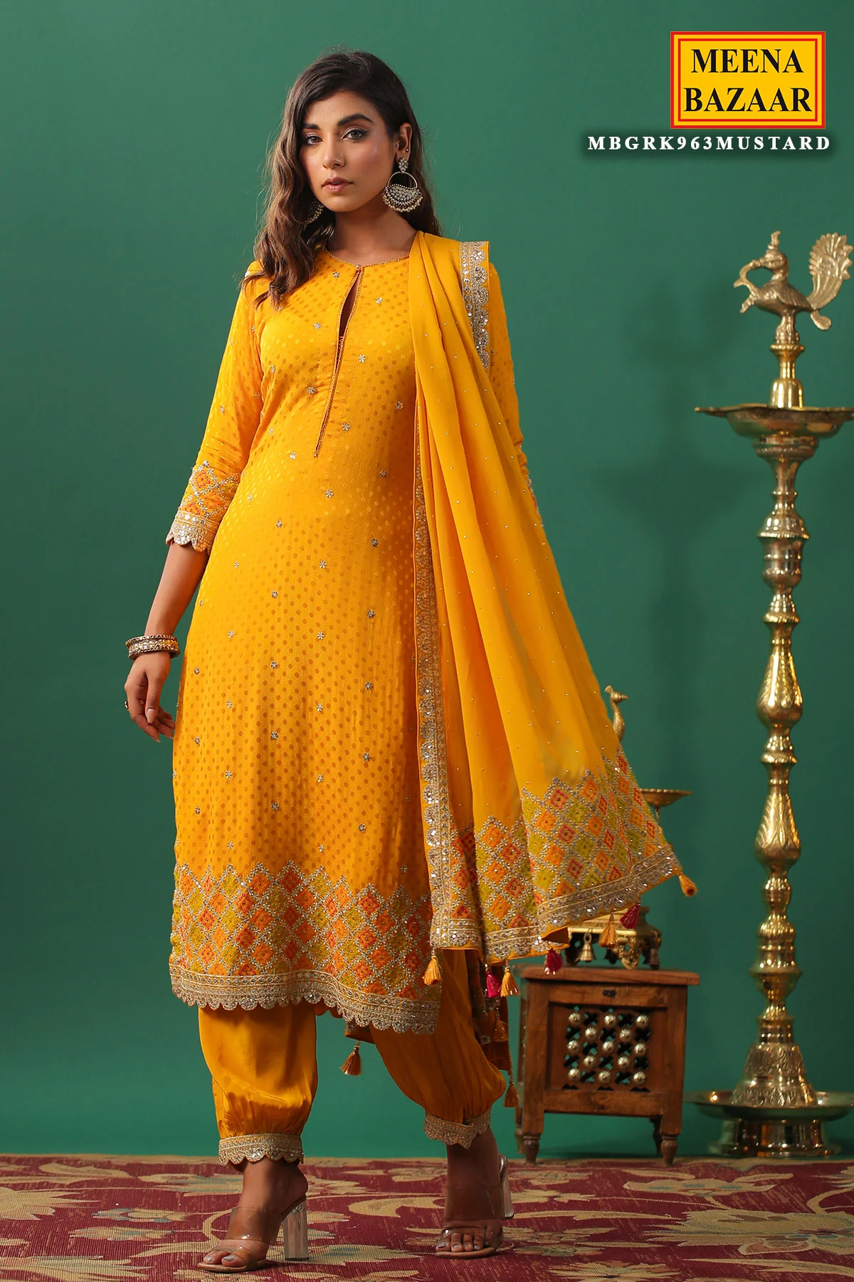 Mustard Jaquard Crepe Zari Thread and Sequins Embroidered Unstitched Suit - Image 8
