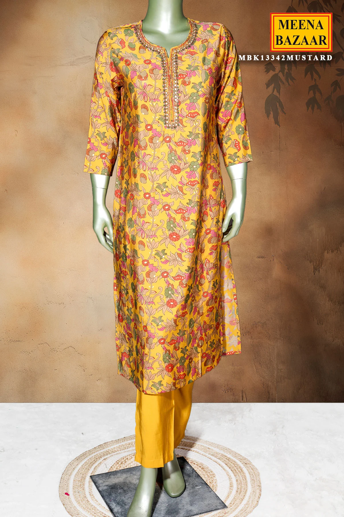 Mustard Maslin Ready Made Suit with Elegant Neck Embroidery - Image 2