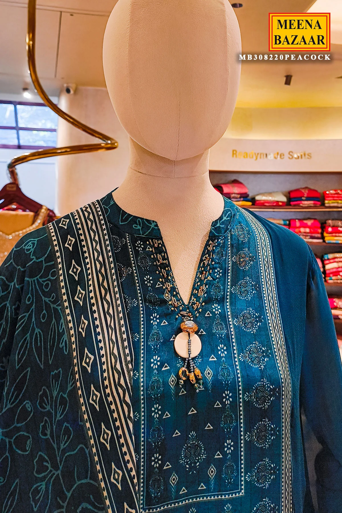 Peacock Blue Printed Readymade Suit Set with Dupatta Festive & Casual Wear - Image 3