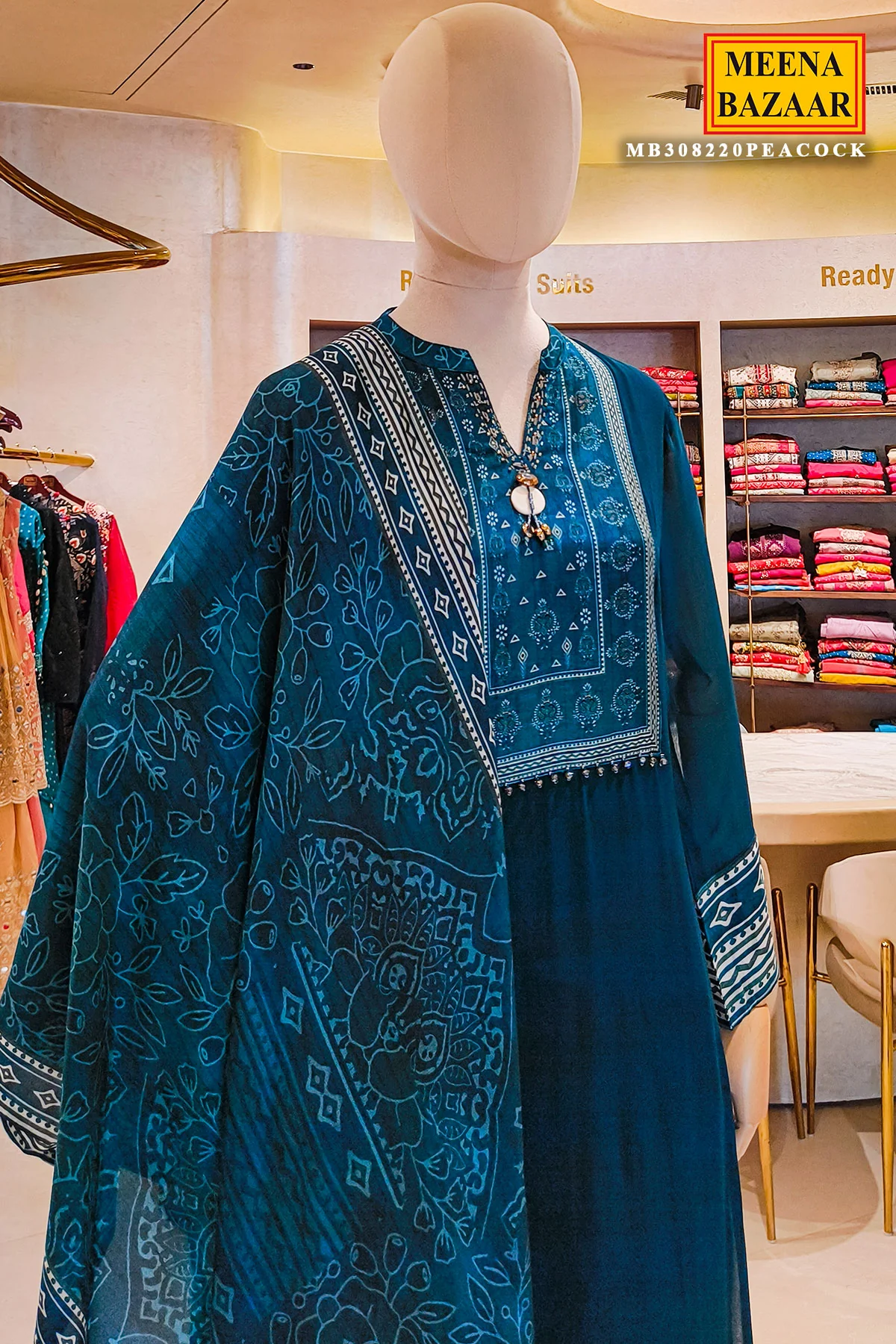 Peacock Blue Printed Readymade Suit Set with Dupatta Festive & Casual Wear - Image 4