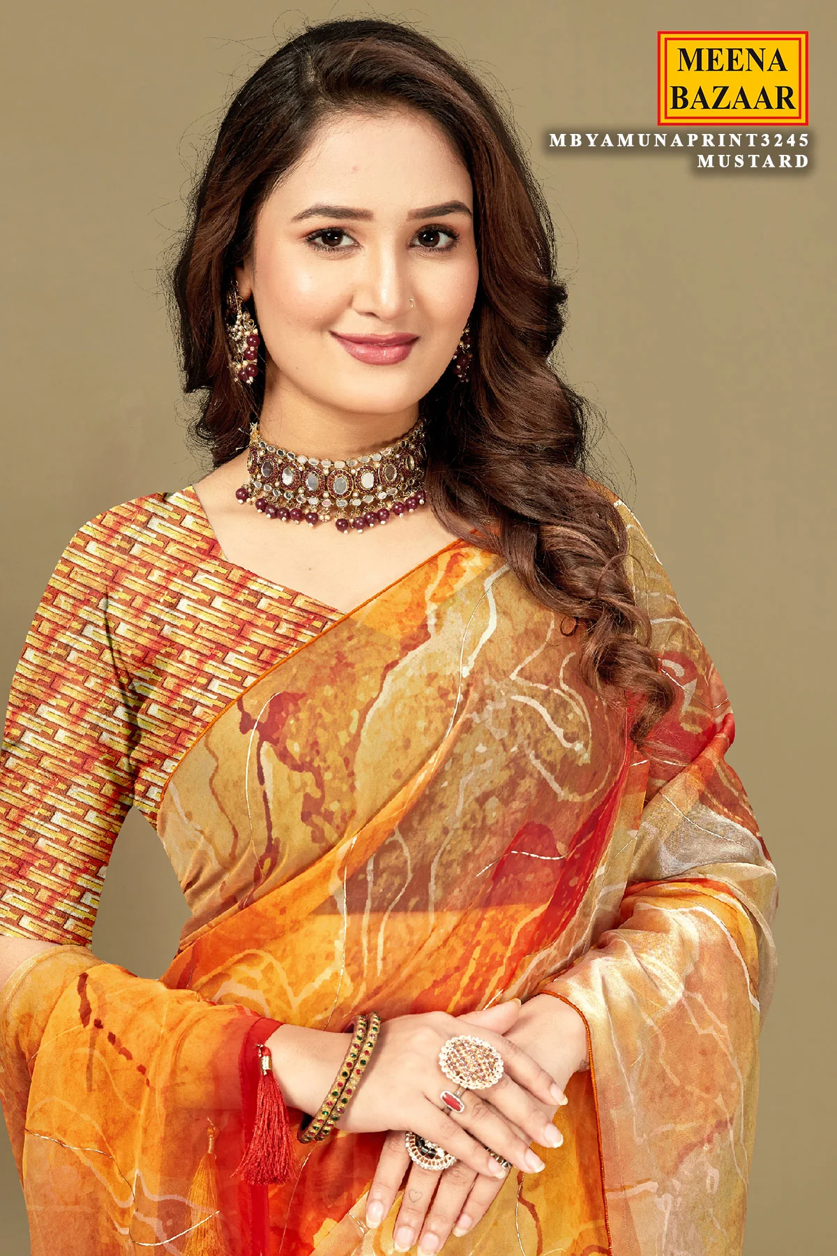Mustard Organza Printed Saree with Elegant Contemporary Patterns - Image 2